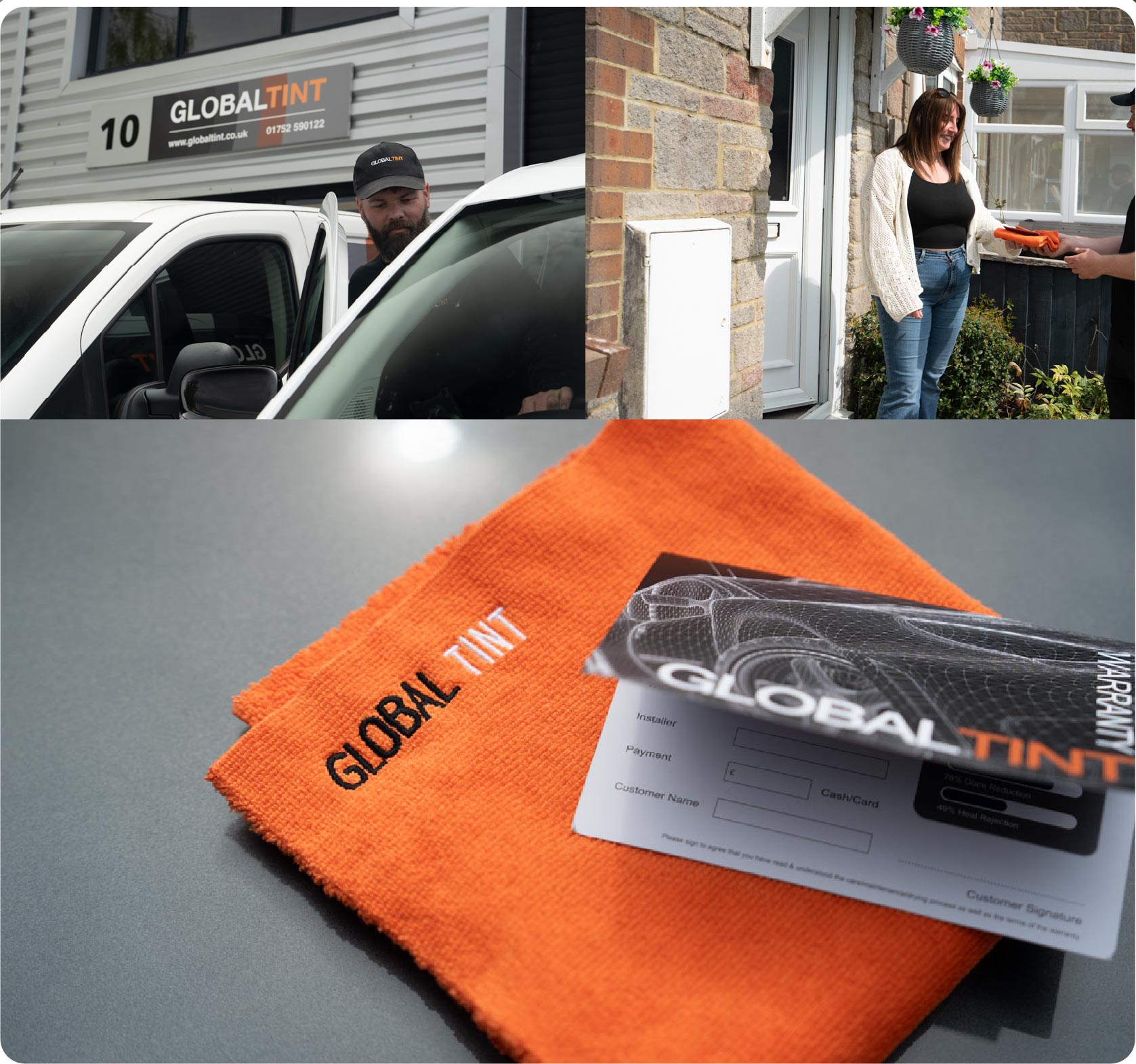 A Global Tint warranty card and cleaning cloth