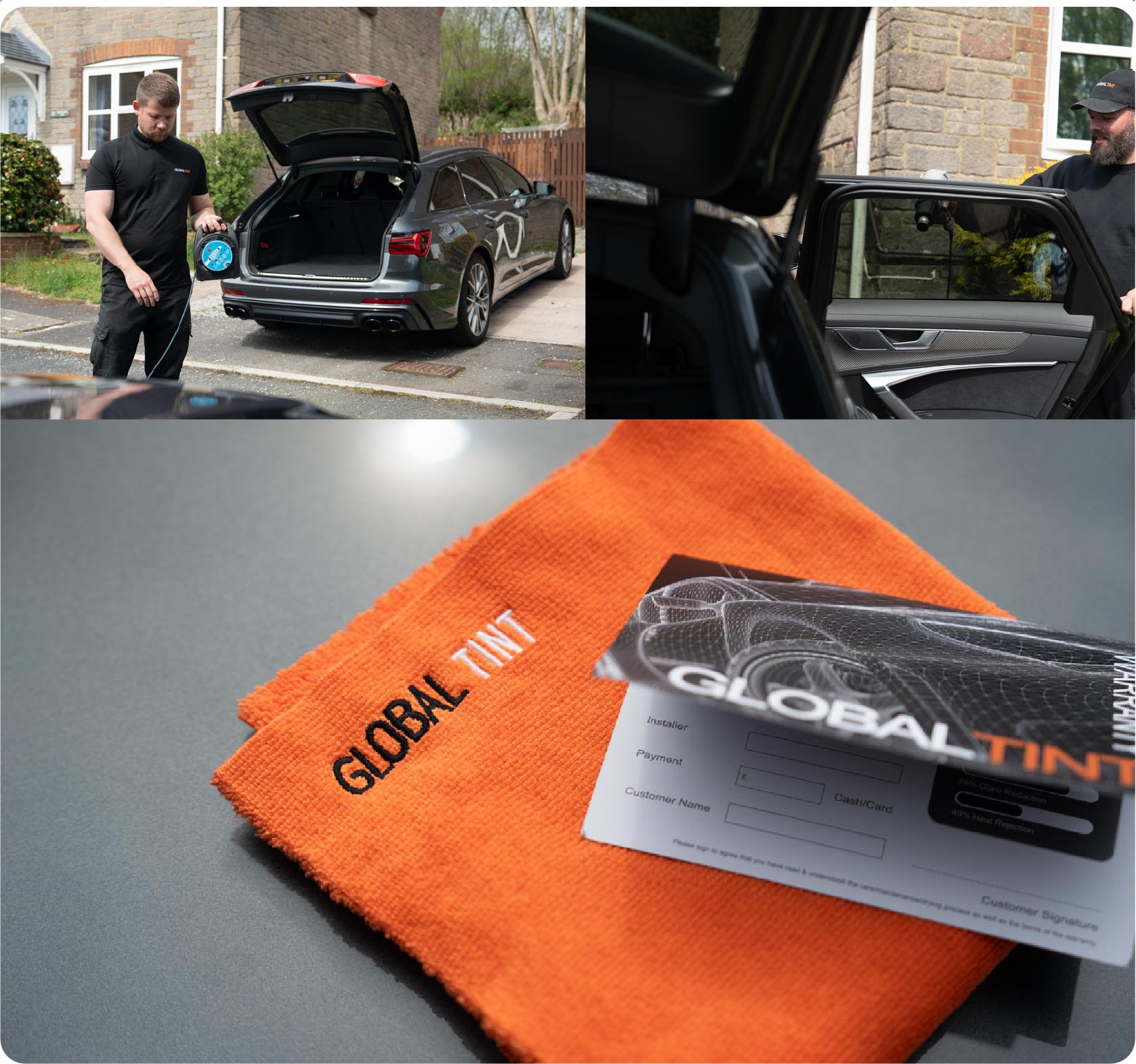 A Global Tint warranty card and cleaning cloth
