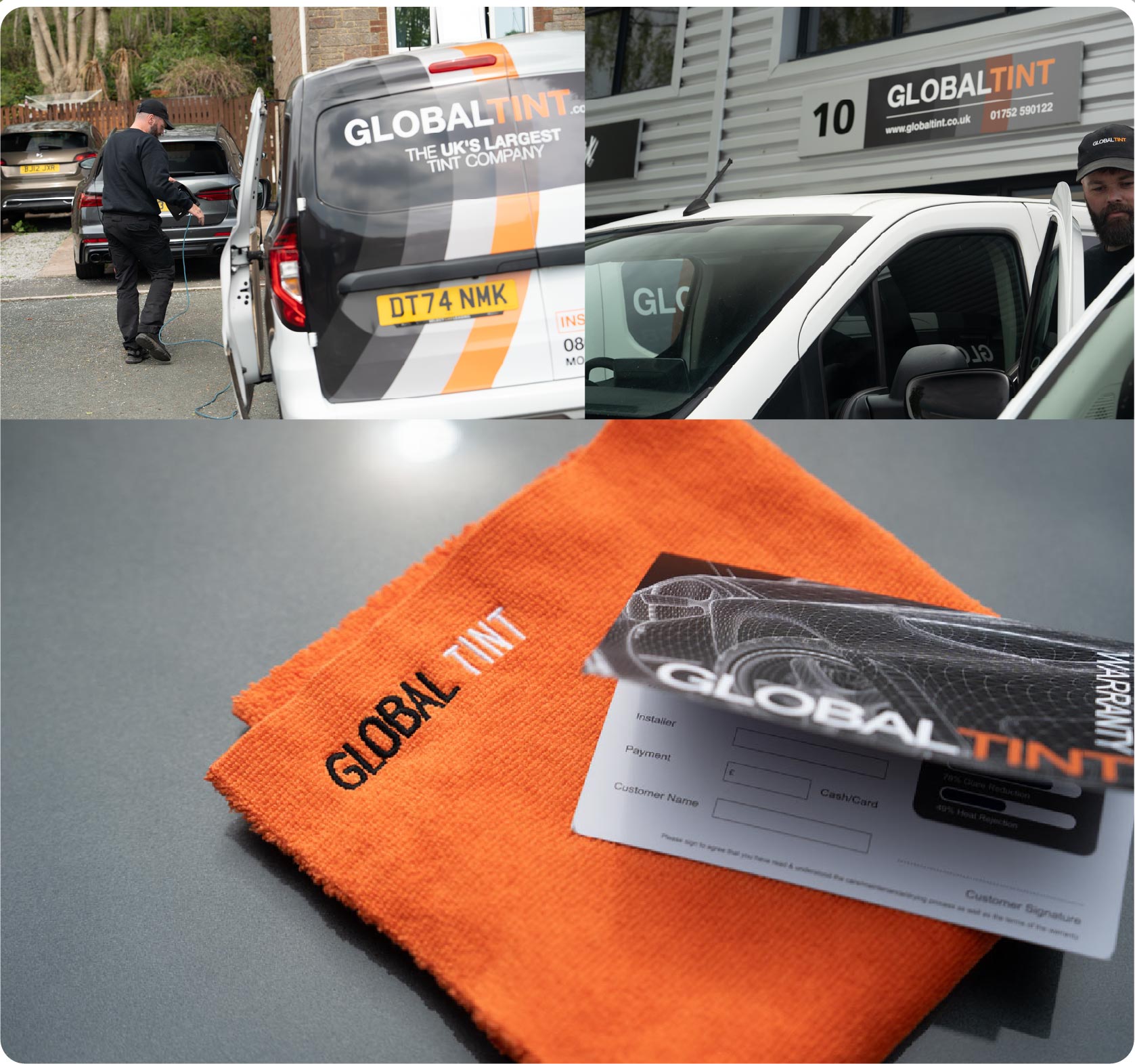 A Global Tint warranty card and cleaning cloth