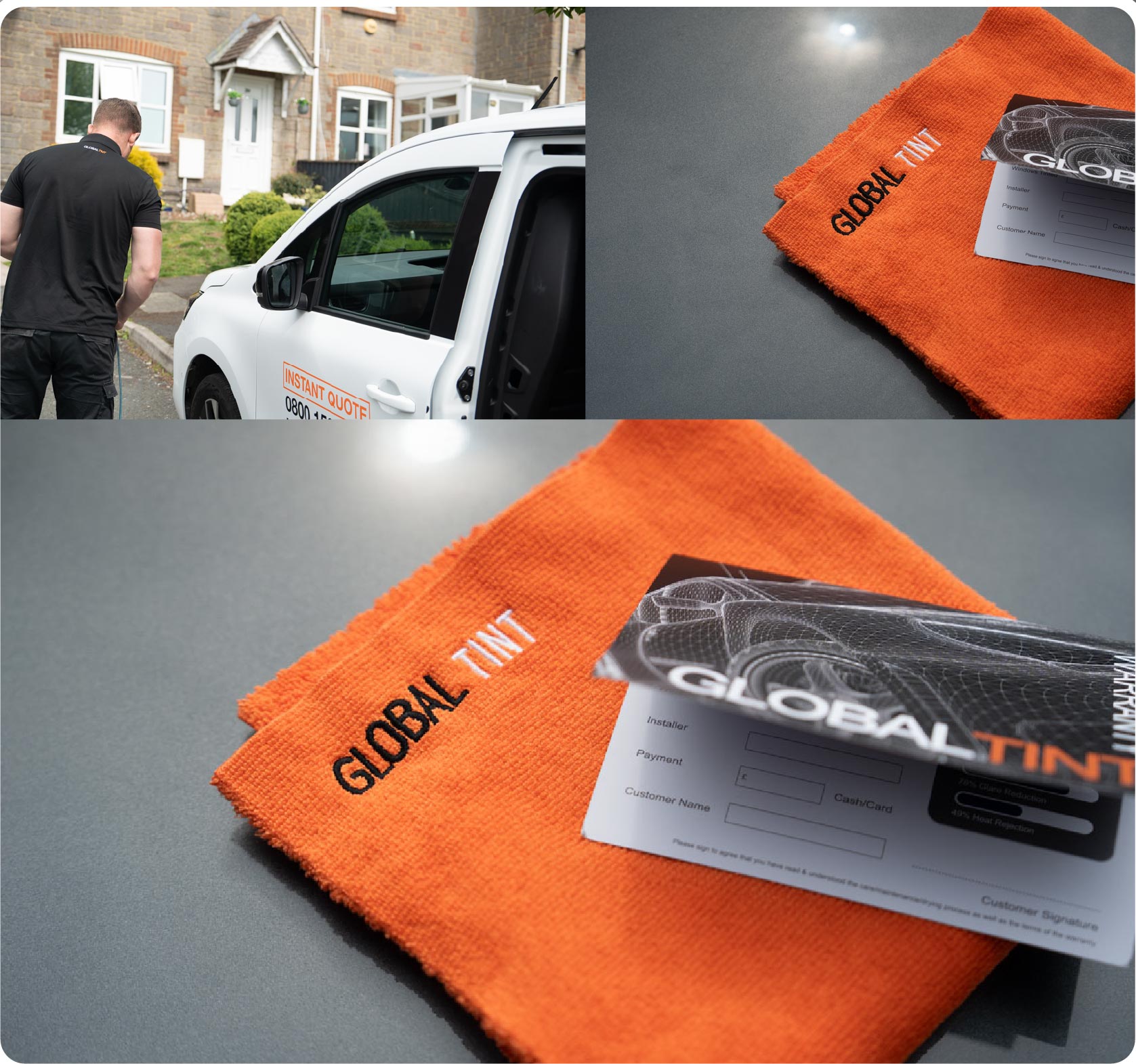A Global Tint warranty card and cleaning cloth