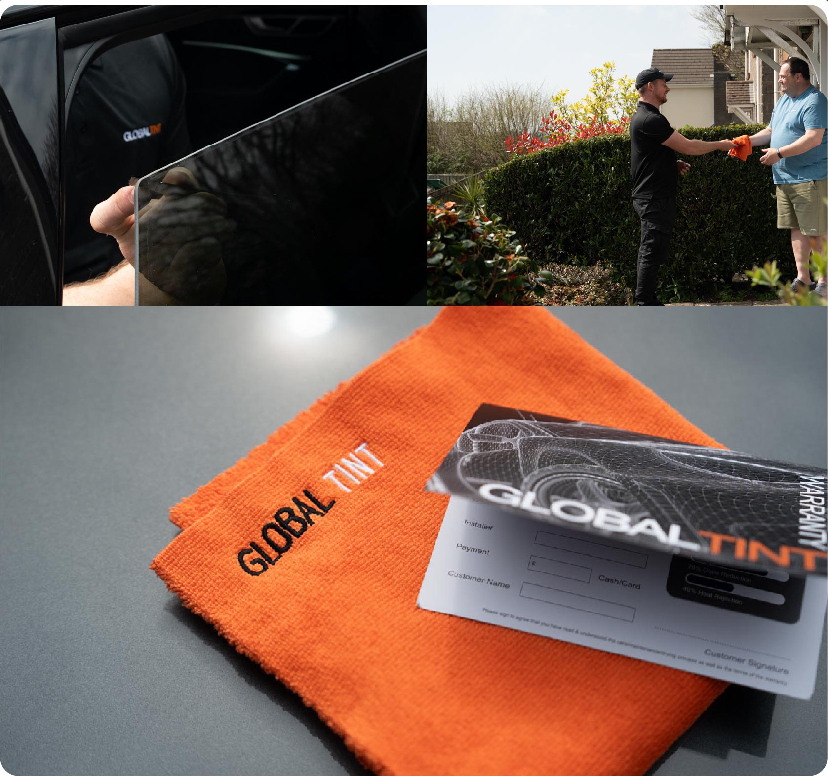 A Global Tint warranty card and cleaning cloth