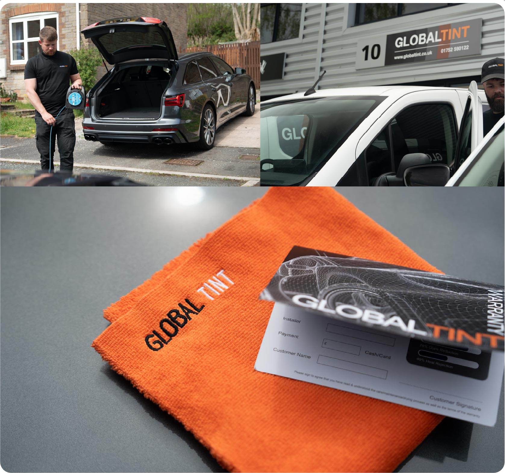 A Global Tint warranty card and cleaning cloth