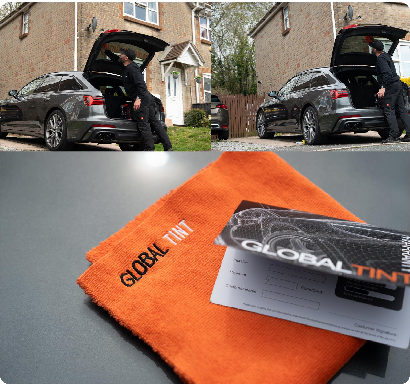 A Global Tint warranty card and cleaning cloth