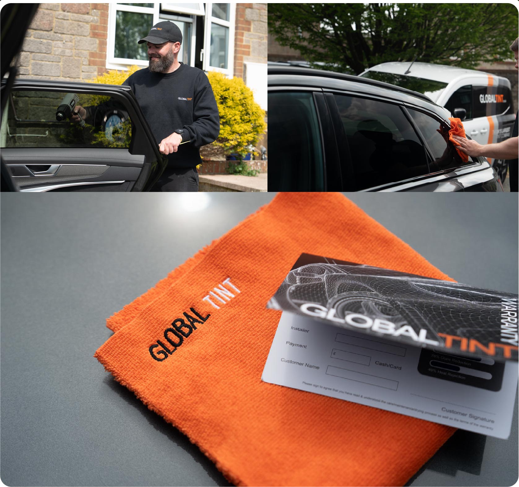 A Global Tint warranty card and cleaning cloth