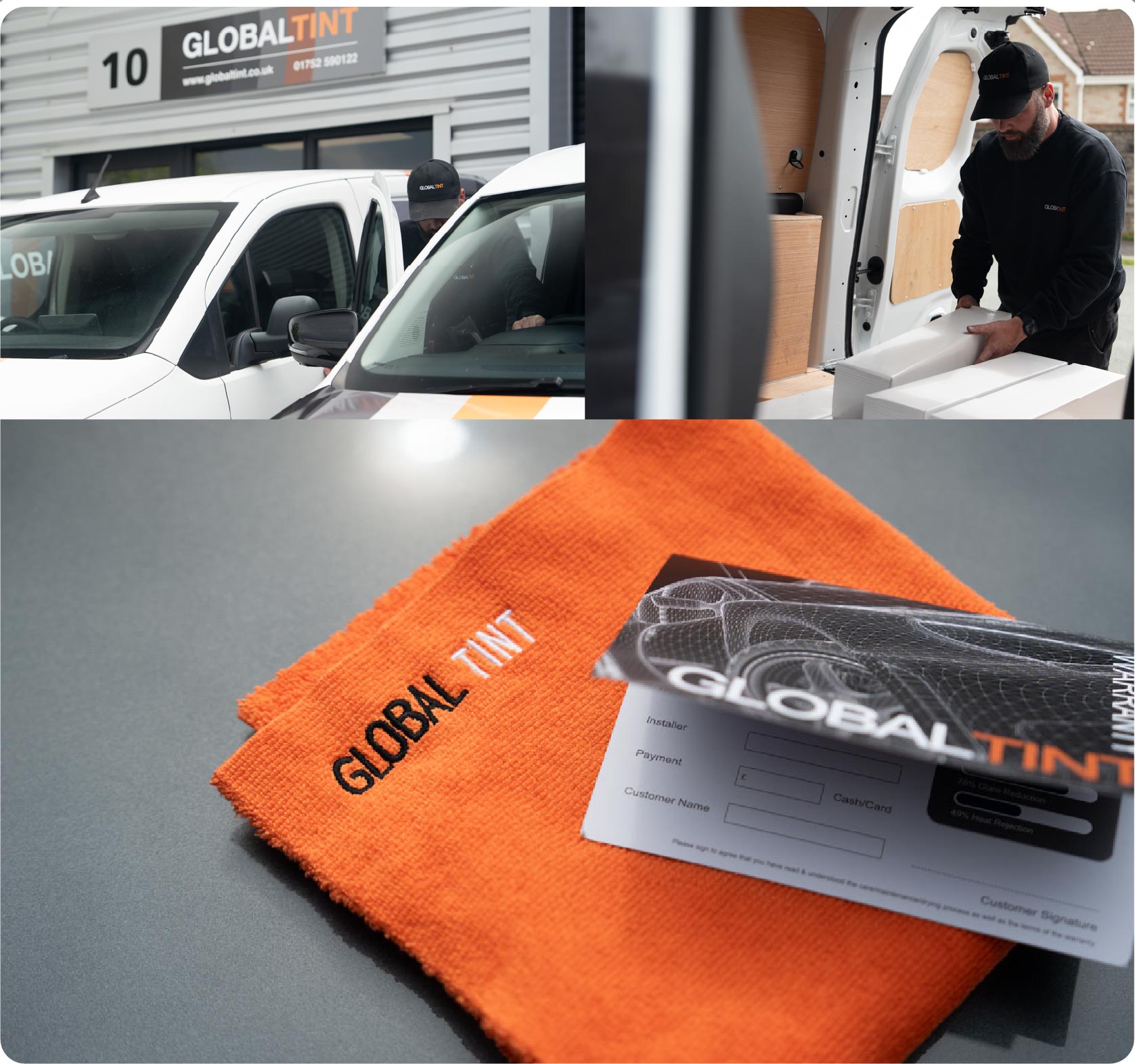 A Global Tint warranty card and cleaning cloth