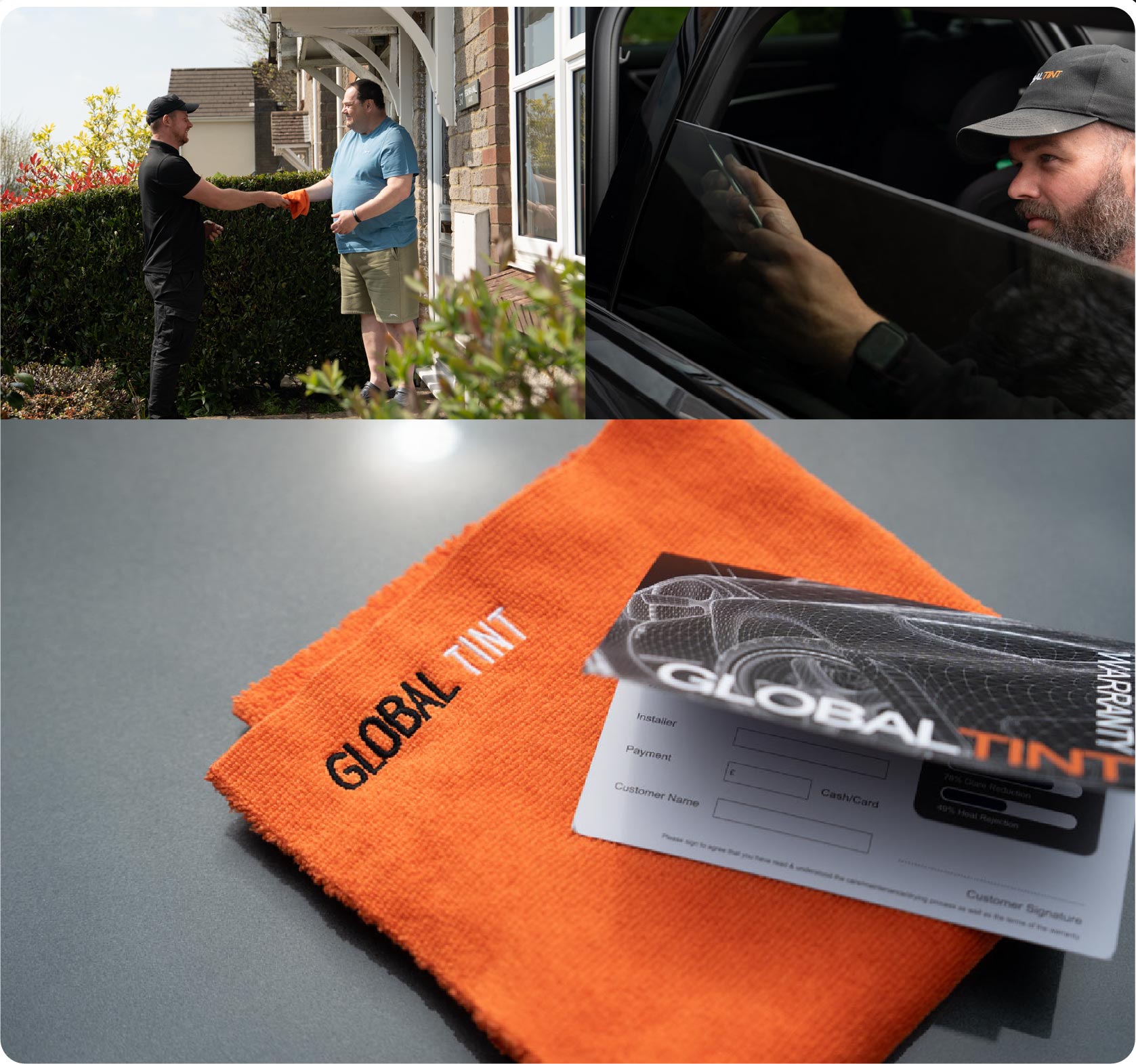 A Global Tint warranty card and cleaning cloth