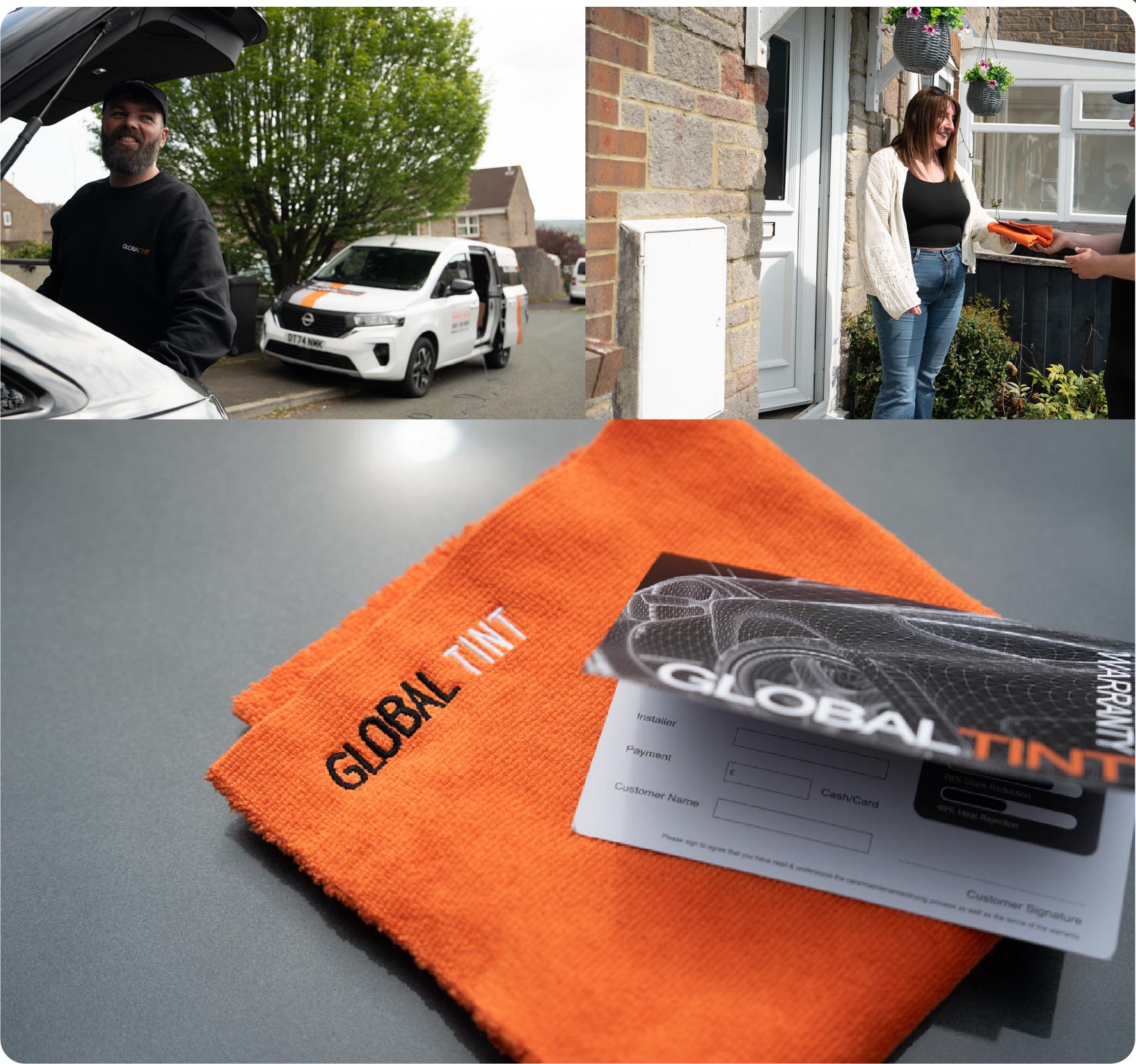 A Global Tint warranty card and cleaning cloth