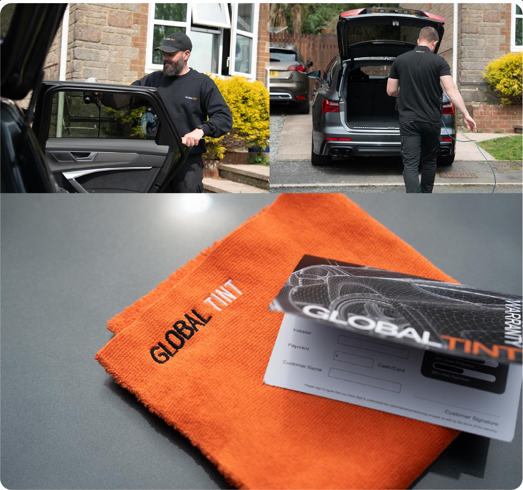 A Global Tint warranty card and cleaning cloth