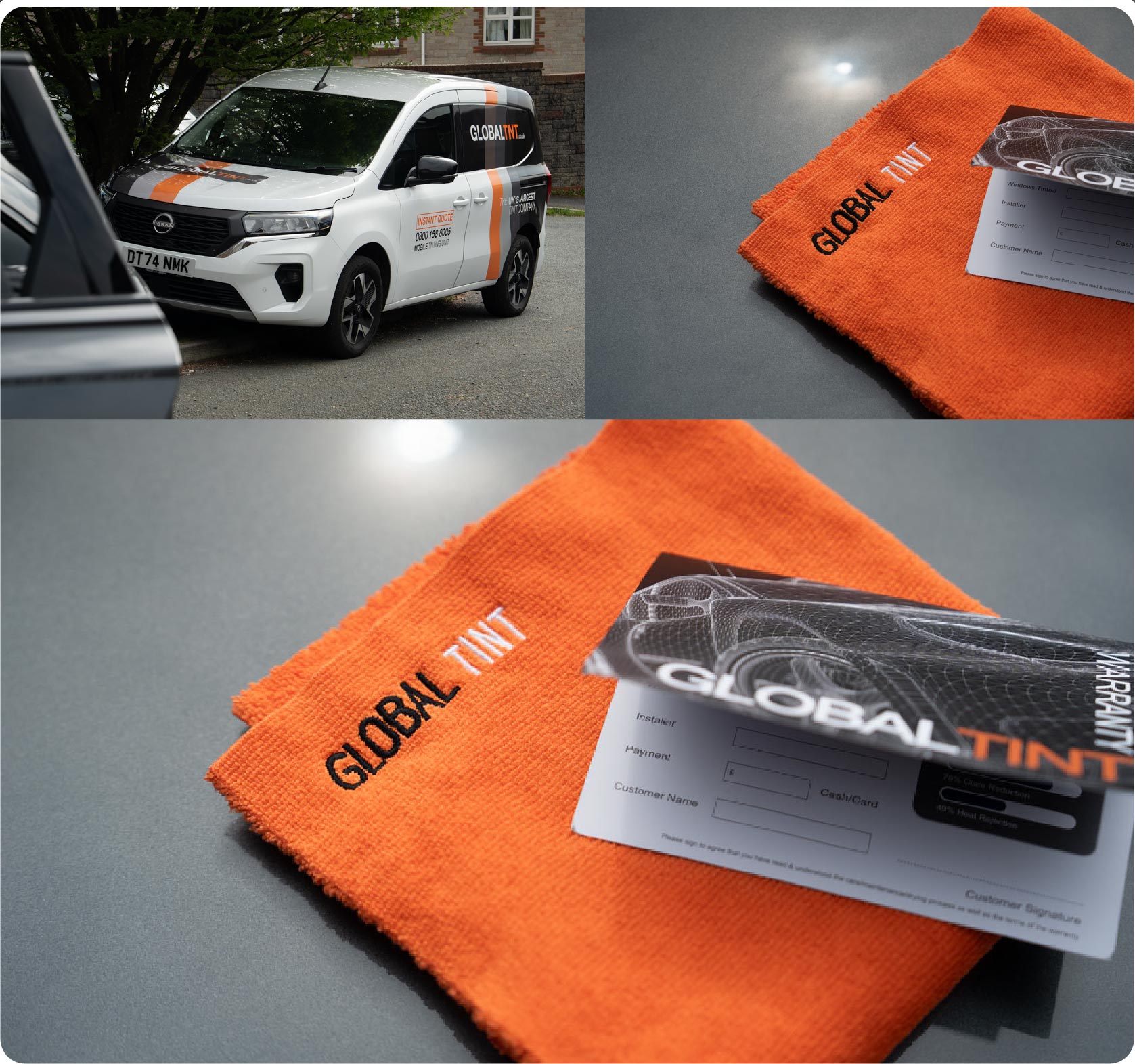 A Global Tint warranty card and cleaning cloth