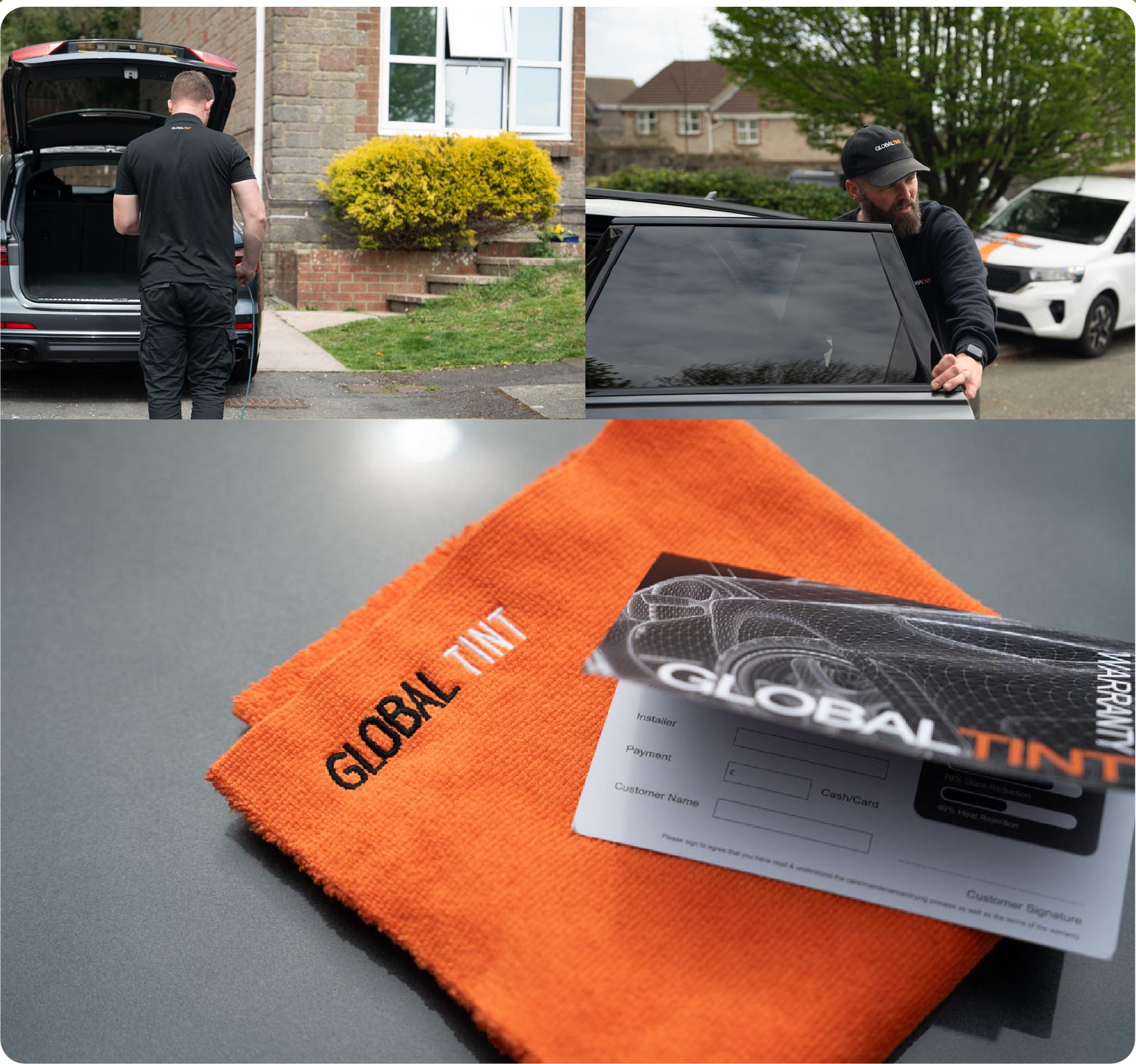 A Global Tint warranty card and cleaning cloth