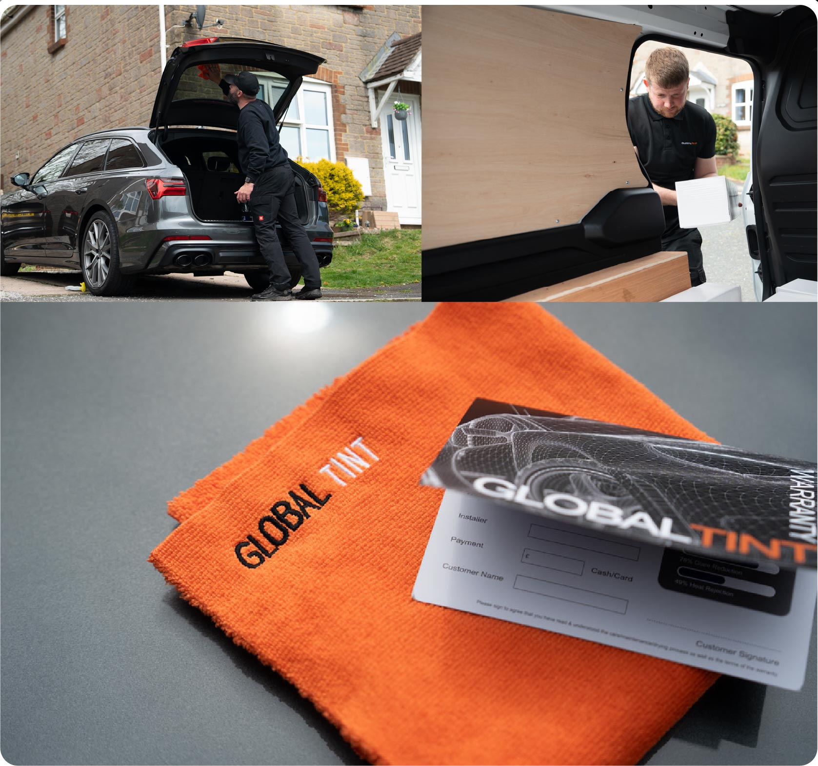 A Global Tint warranty card and cleaning cloth