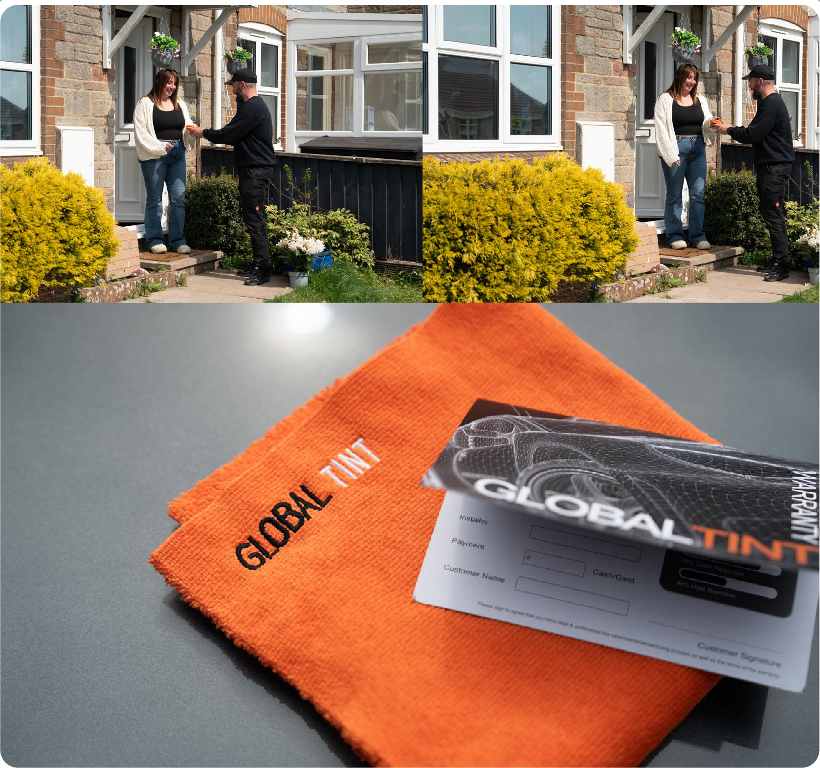 A Global Tint warranty card and cleaning cloth