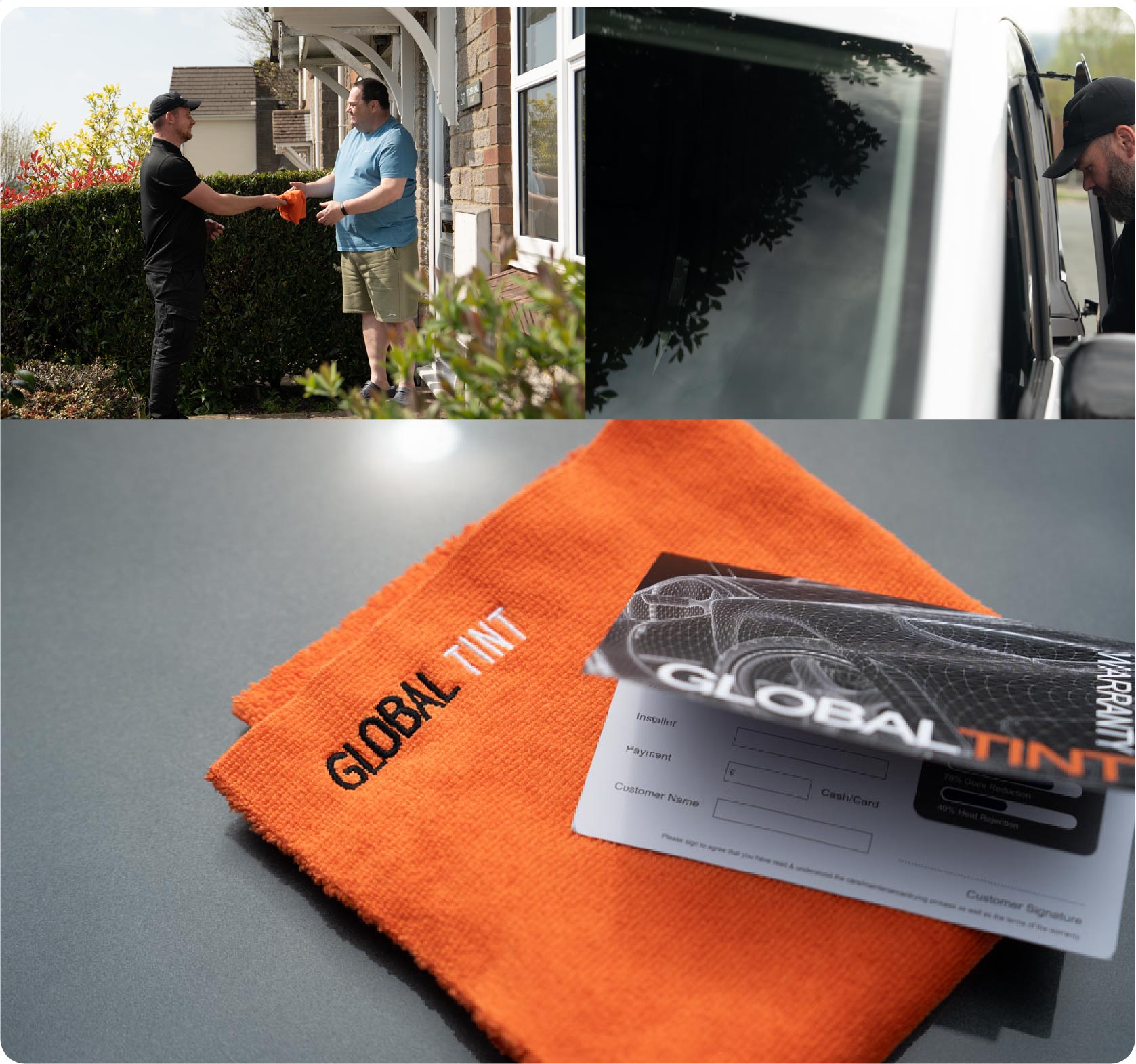 A Global Tint warranty card and cleaning cloth