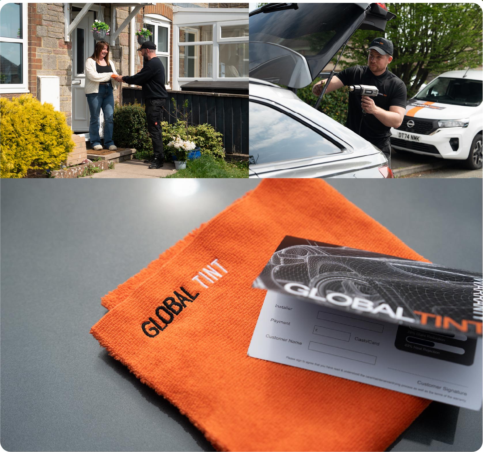 A Global Tint warranty card and cleaning cloth