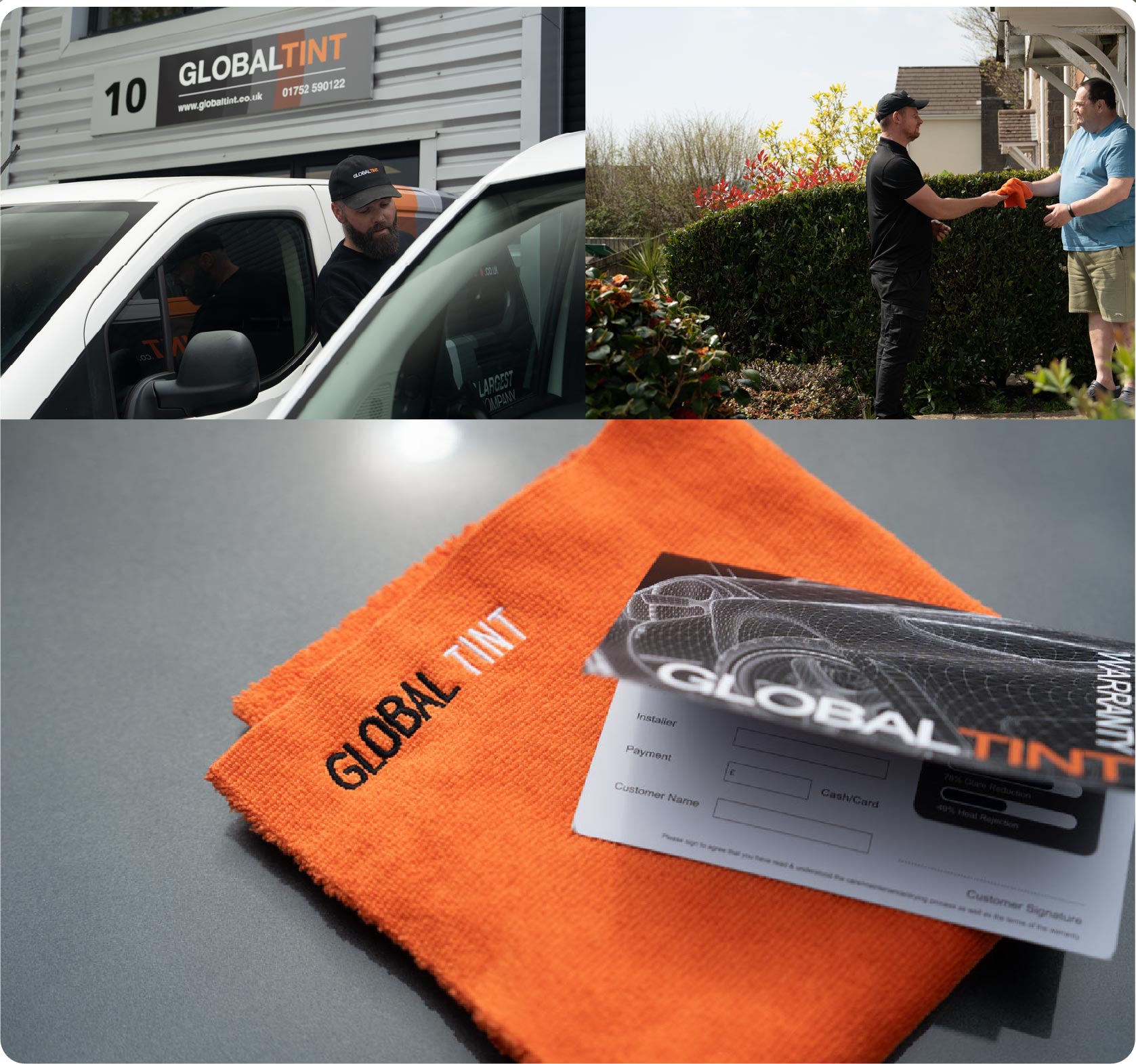 A Global Tint warranty card and cleaning cloth