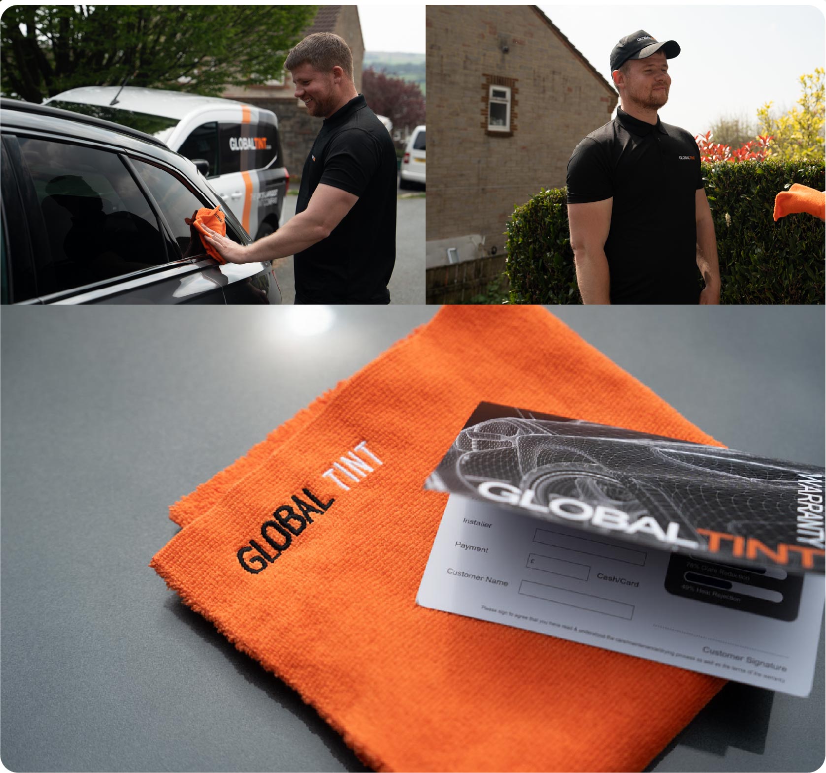 A Global Tint warranty card and cleaning cloth