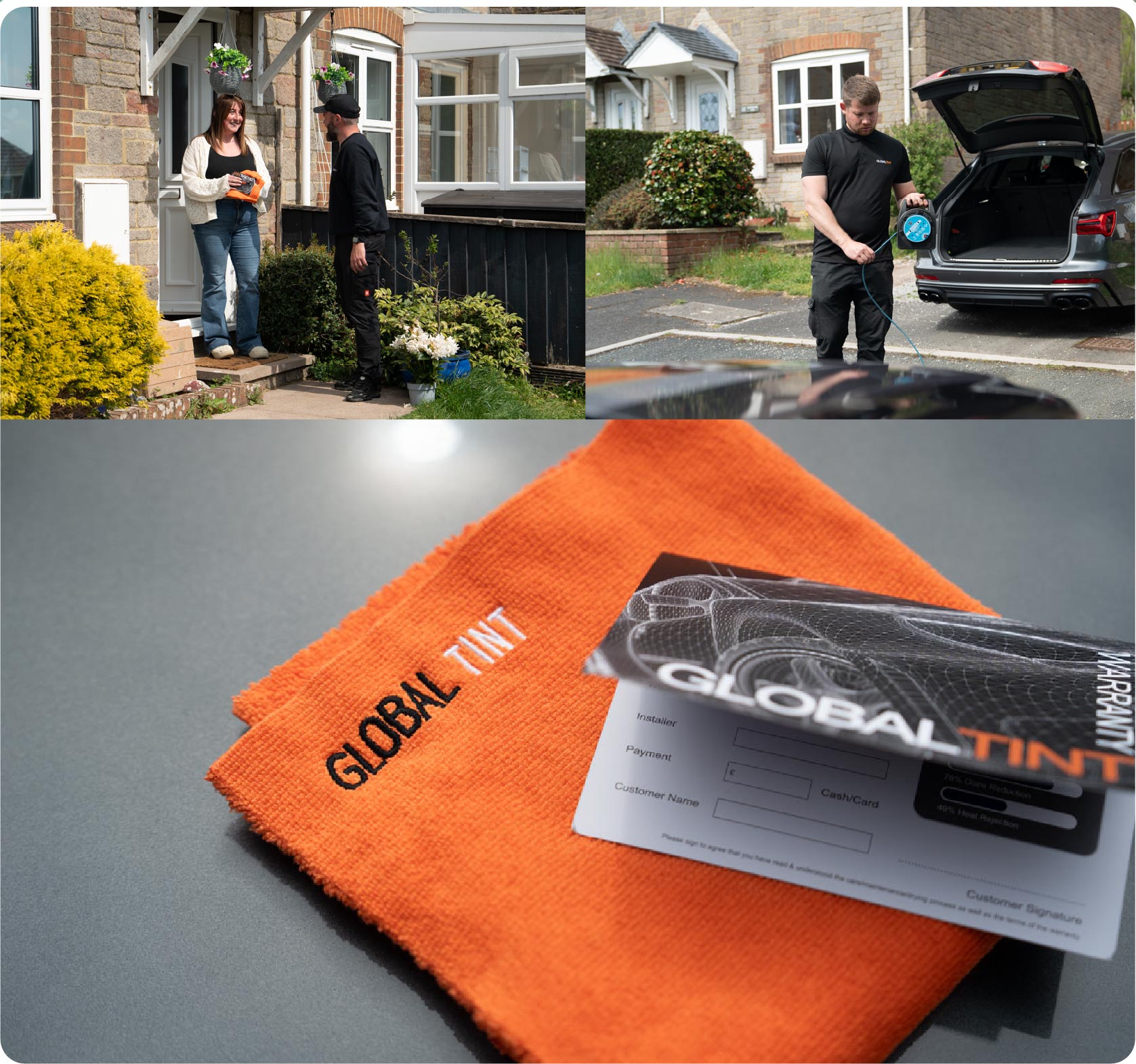 A Global Tint warranty card and cleaning cloth