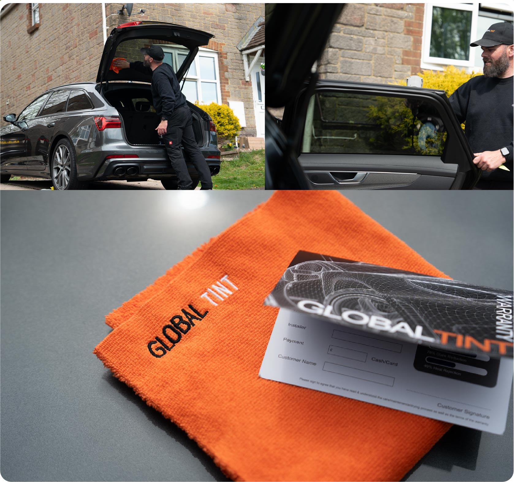 A Global Tint warranty card and cleaning cloth
