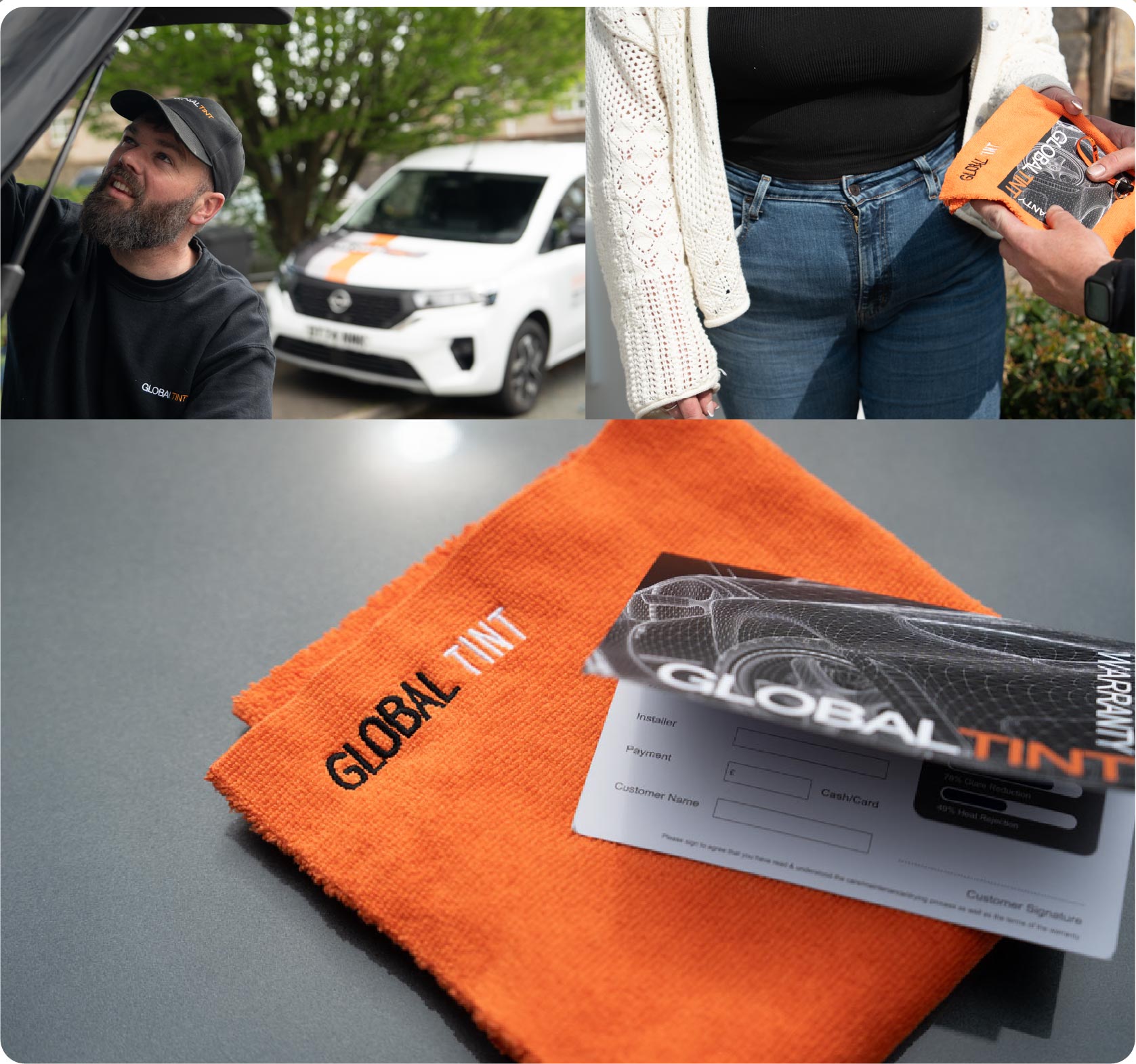 A Global Tint warranty card and cleaning cloth