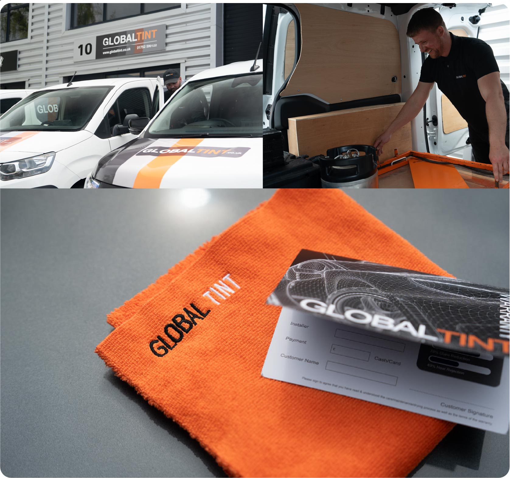 A Global Tint warranty card and cleaning cloth