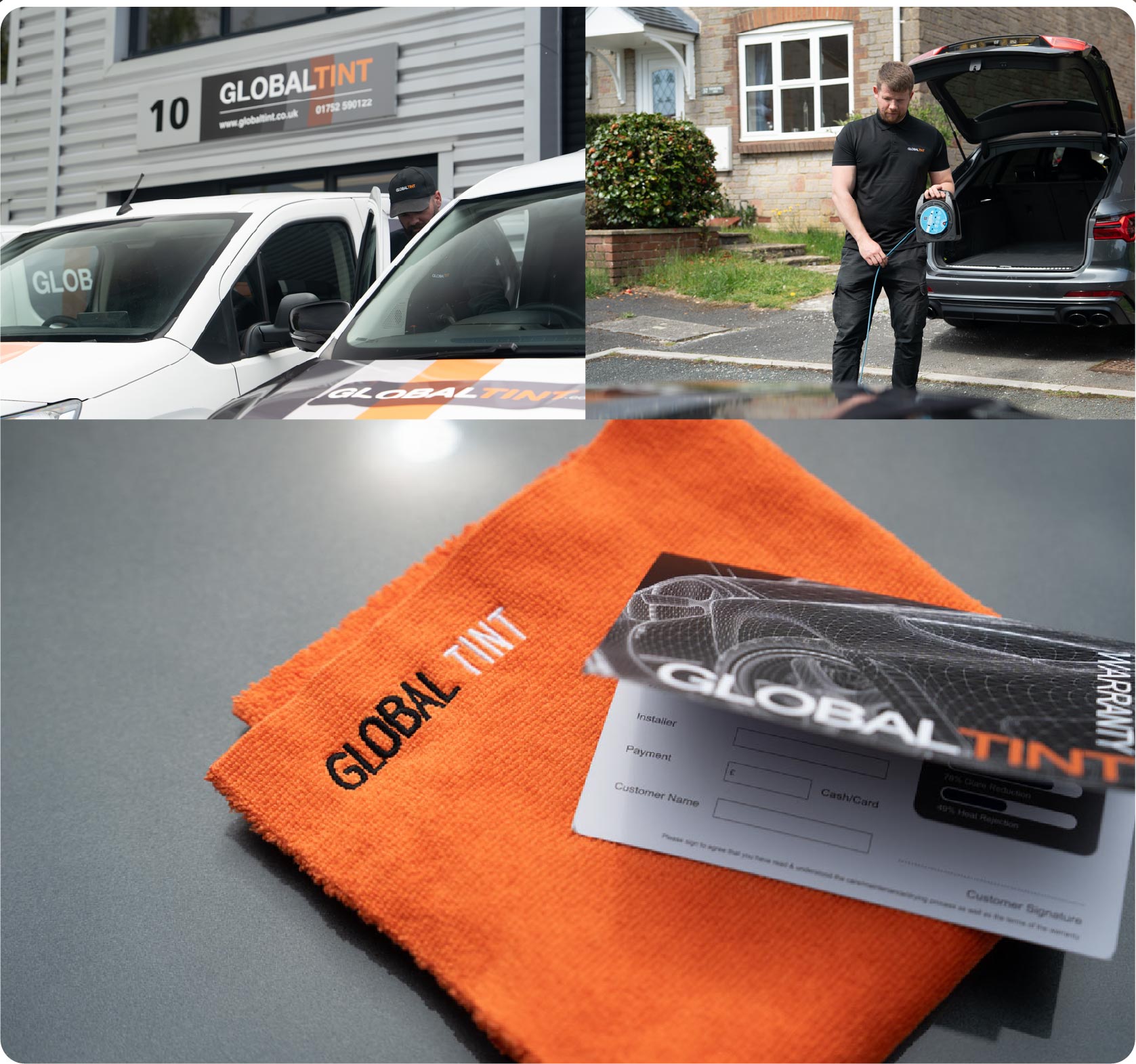 A Global Tint warranty card and cleaning cloth