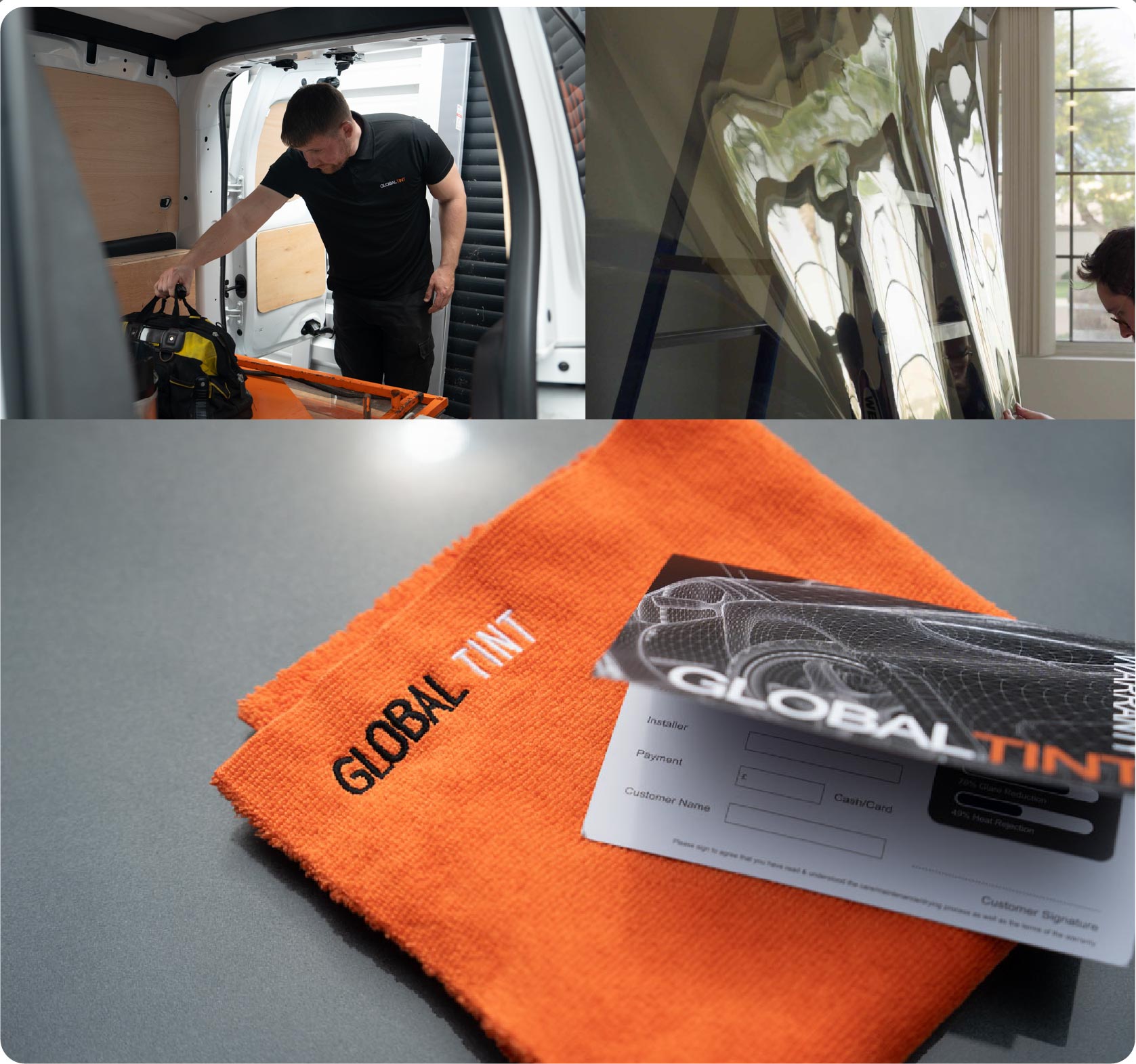 A Global Tint warranty card and cleaning cloth