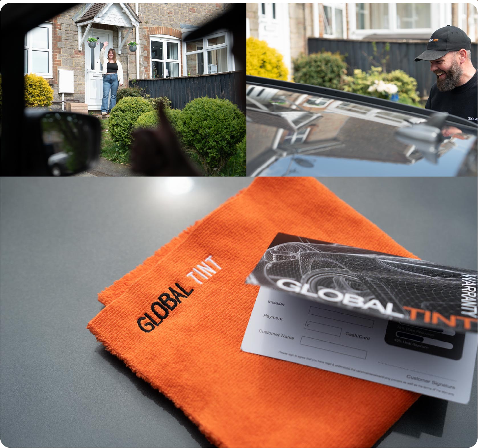 A Global Tint warranty card and cleaning cloth