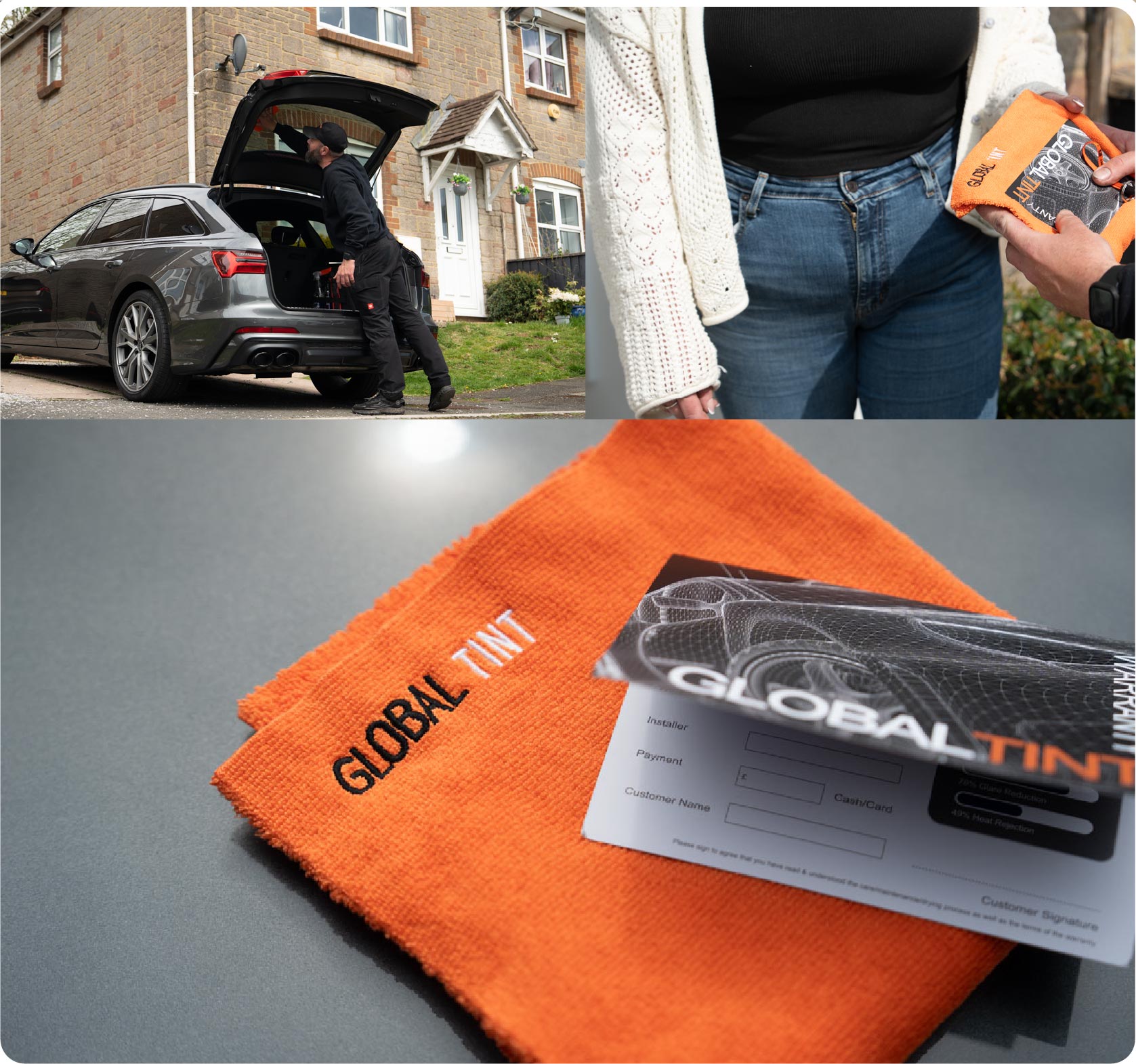 A Global Tint warranty card and cleaning cloth