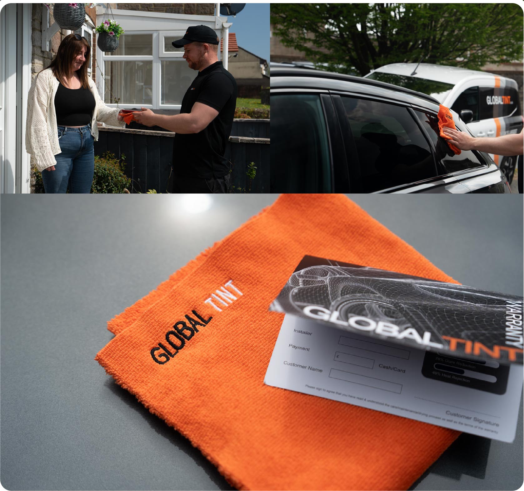 A Global Tint warranty card and cleaning cloth