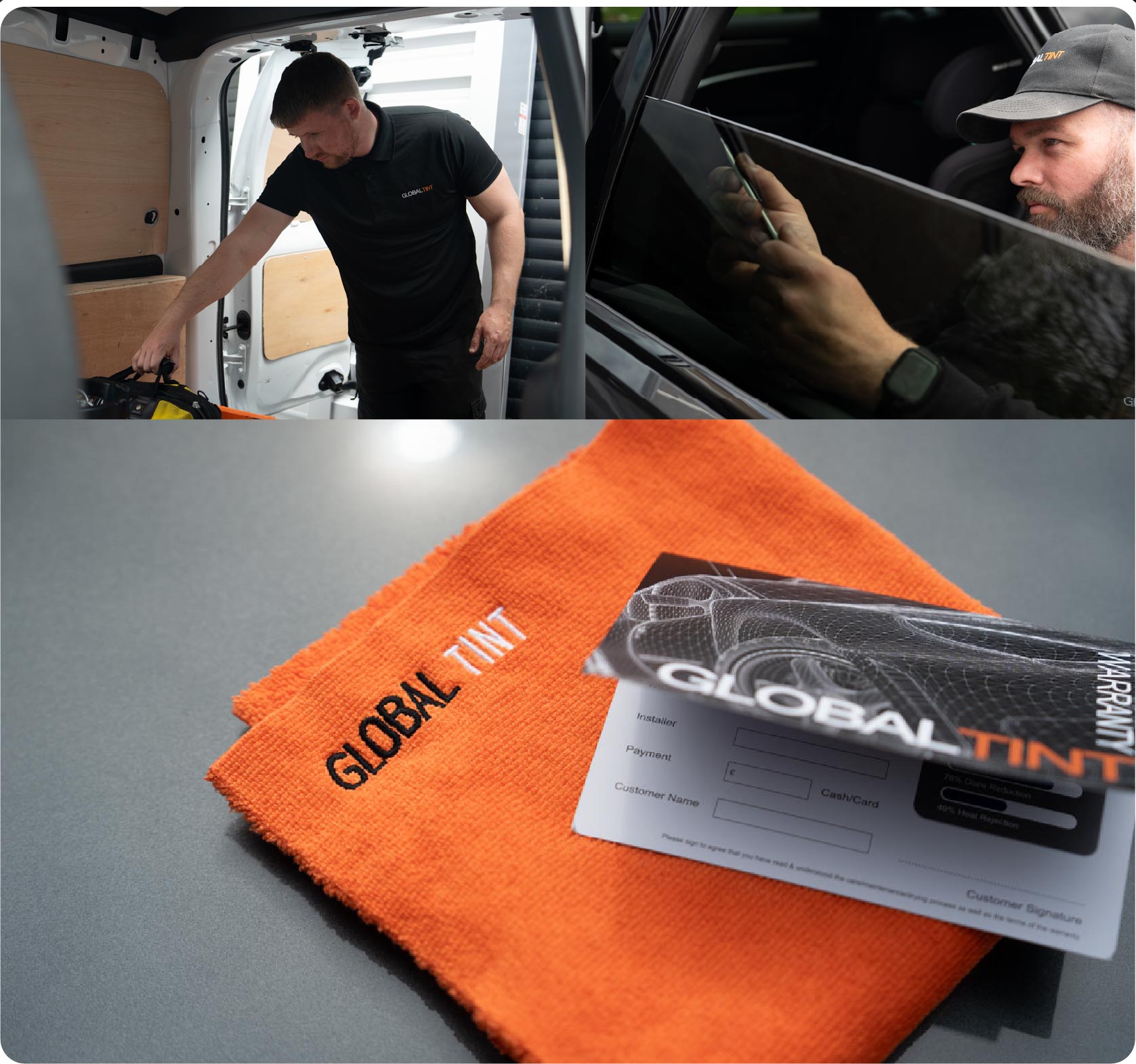 A Global Tint warranty card and cleaning cloth