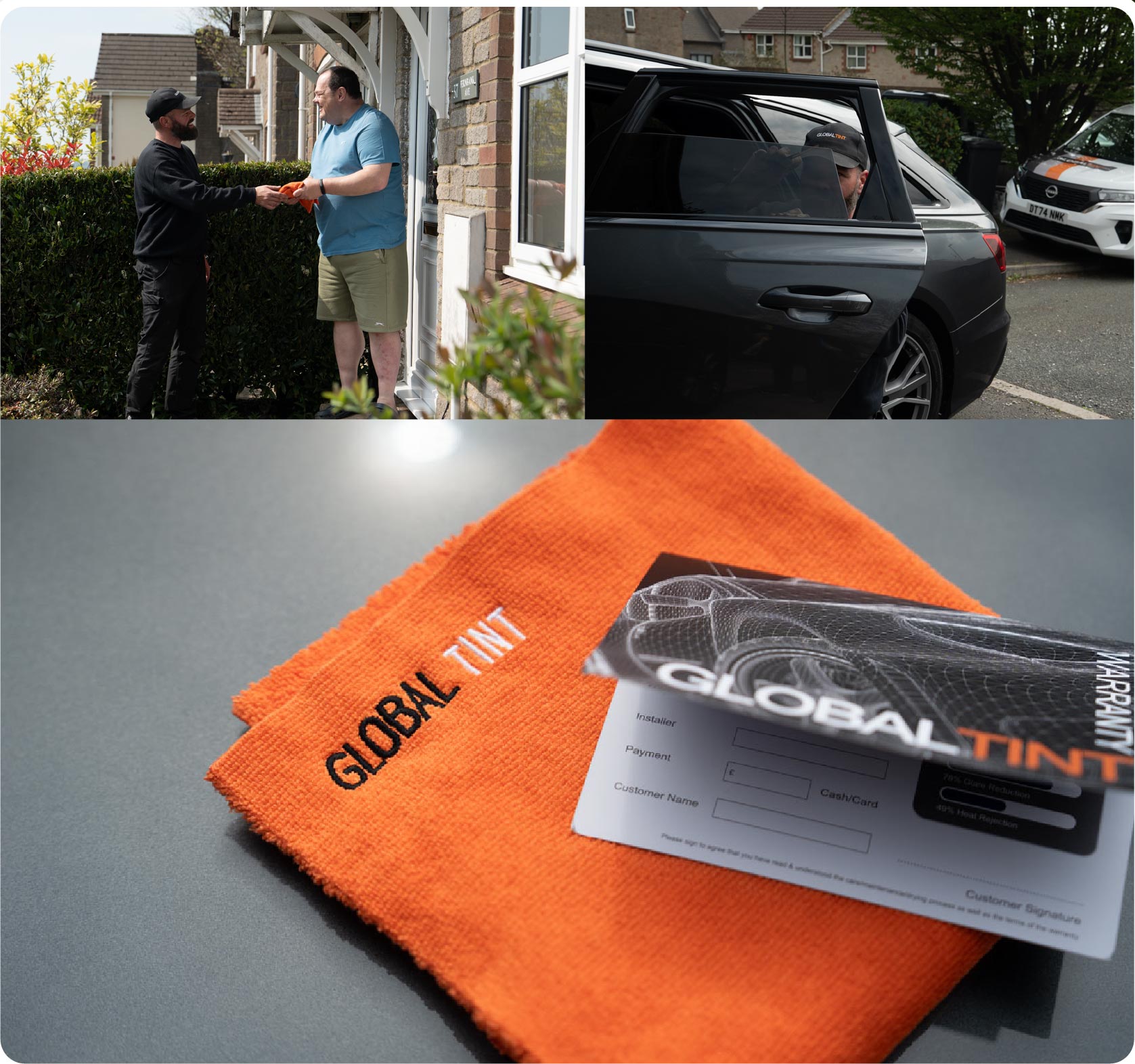 A Global Tint warranty card and cleaning cloth