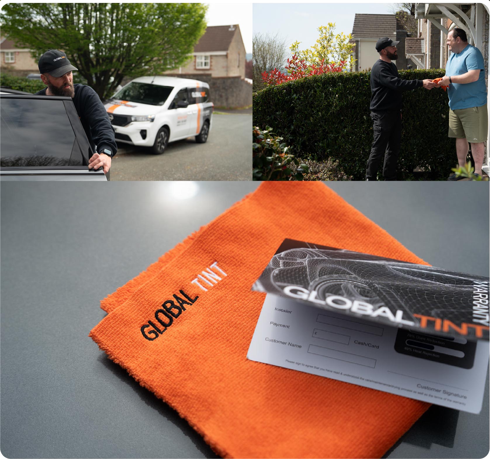 A Global Tint warranty card and cleaning cloth