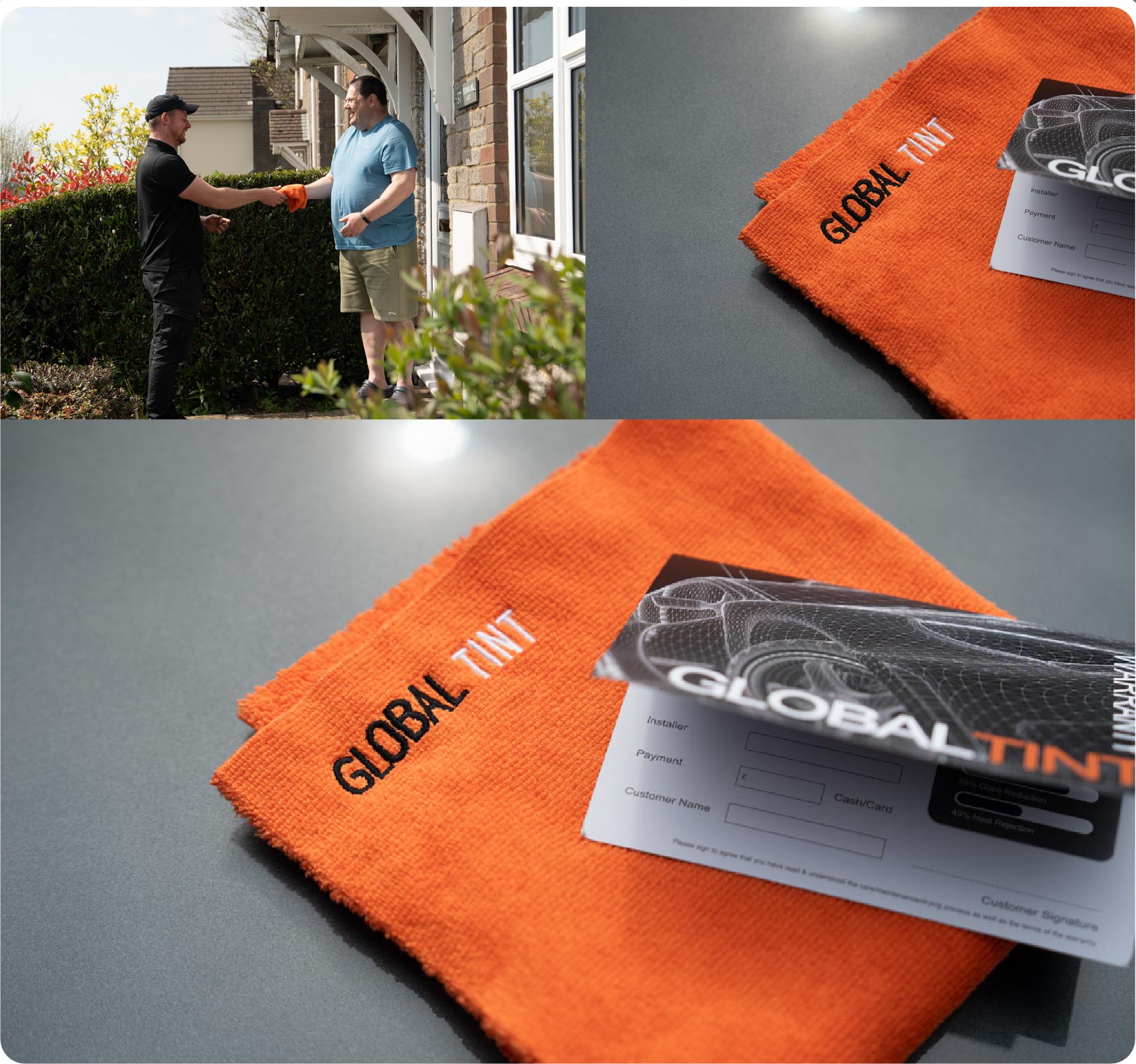 A Global Tint warranty card and cleaning cloth