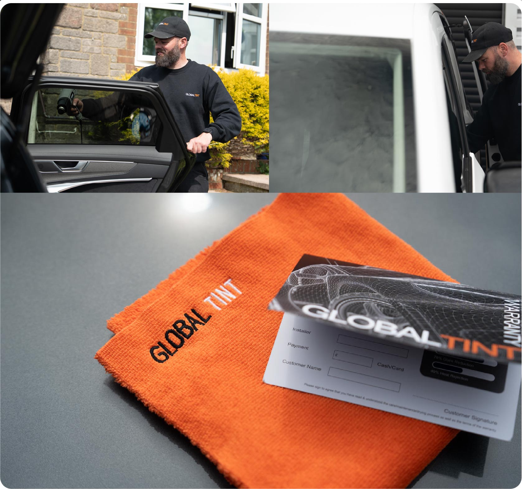 A Global Tint warranty card and cleaning cloth