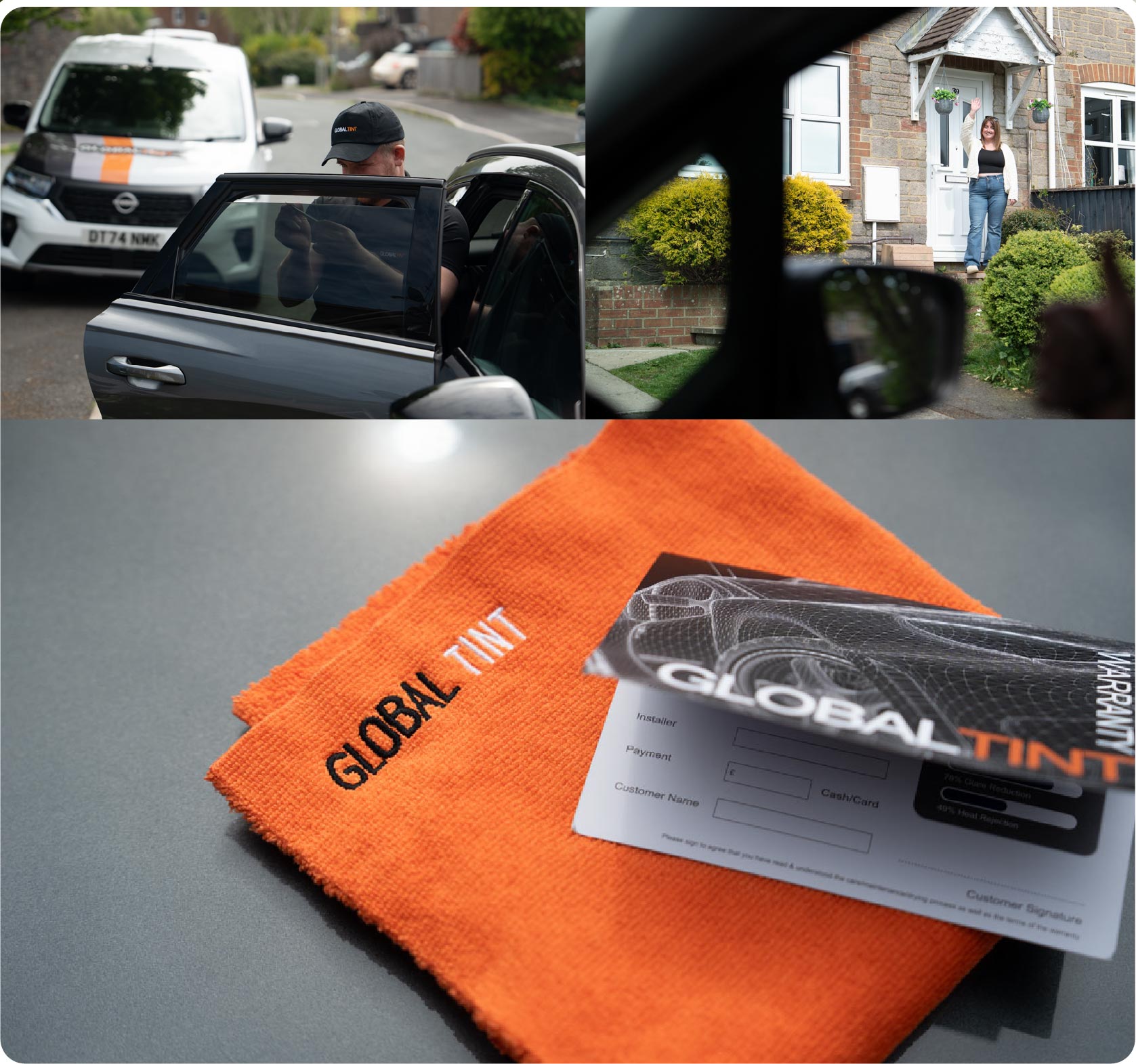 A Global Tint warranty card and cleaning cloth