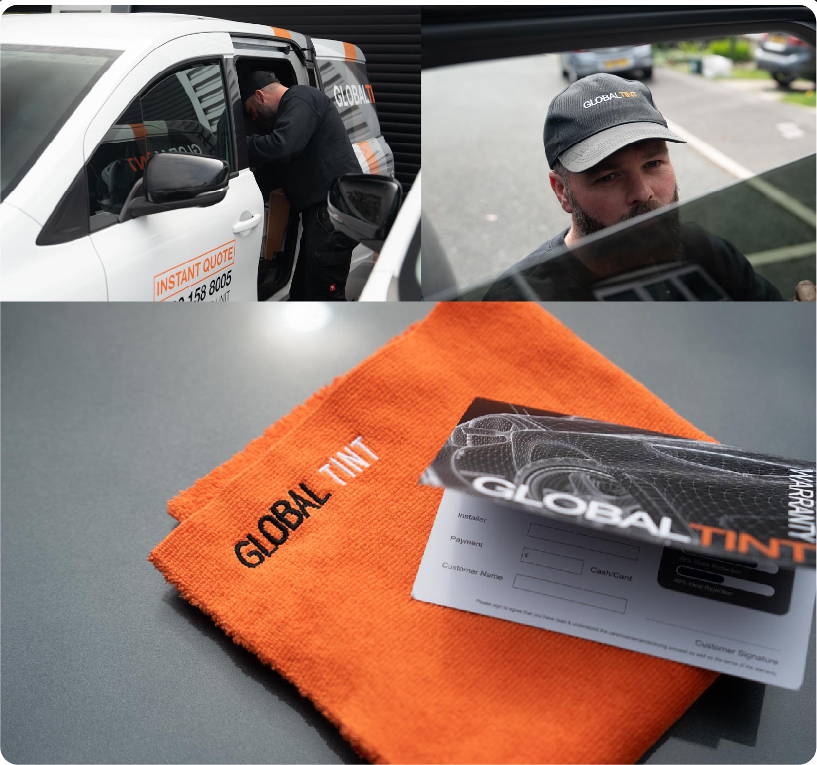 A Global Tint warranty card and cleaning cloth