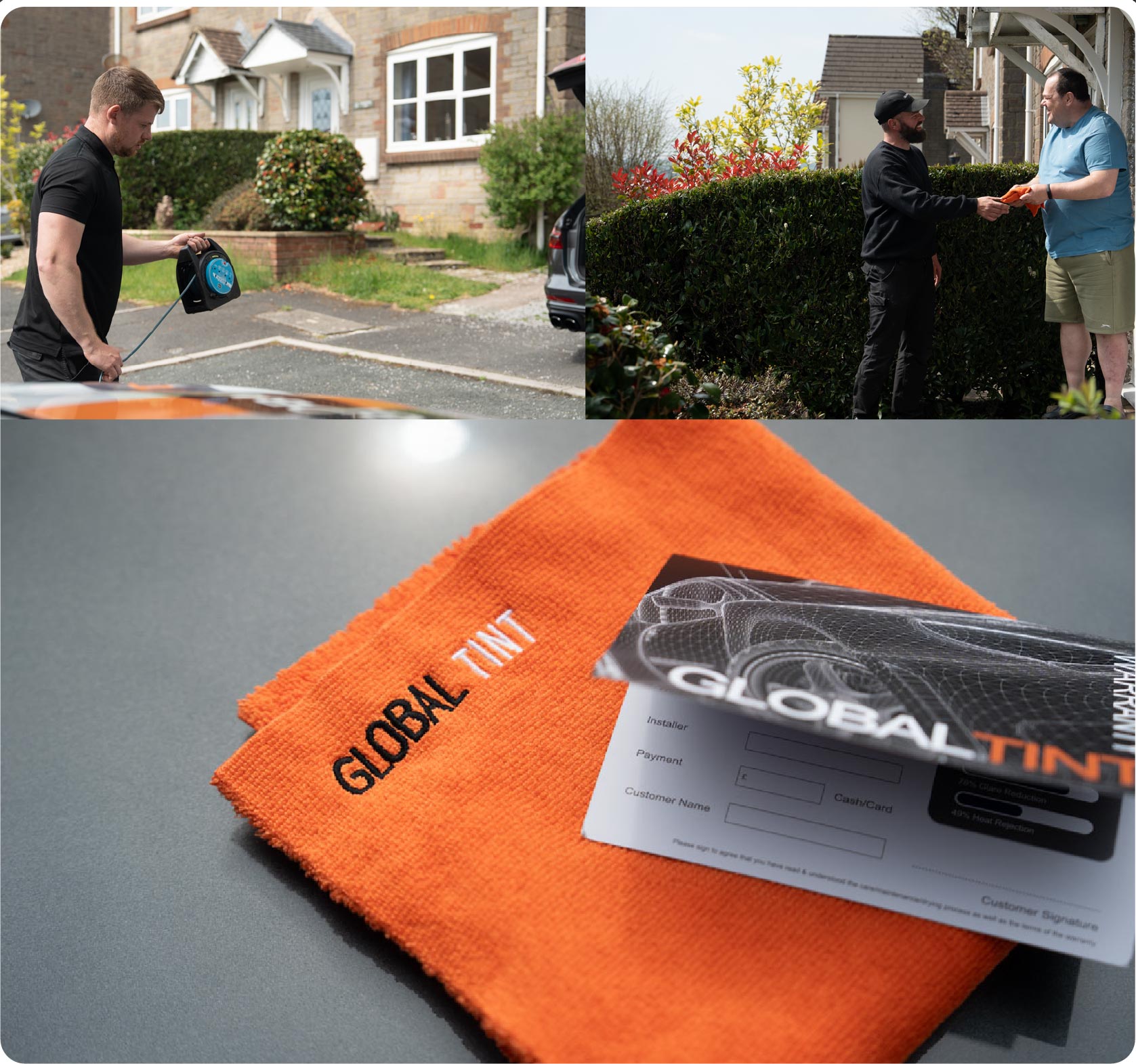 A Global Tint warranty card and cleaning cloth