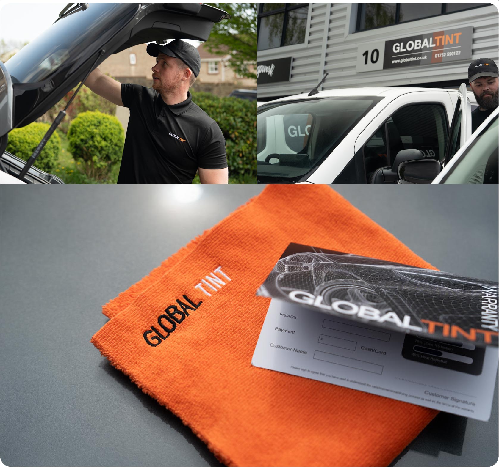 A Global Tint warranty card and cleaning cloth