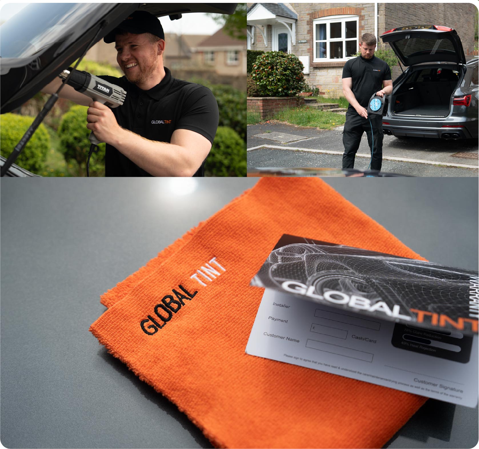 A Global Tint warranty card and cleaning cloth