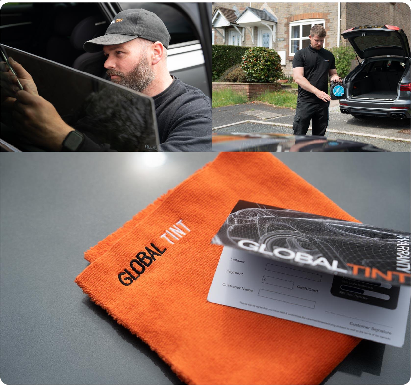 A Global Tint warranty card and cleaning cloth