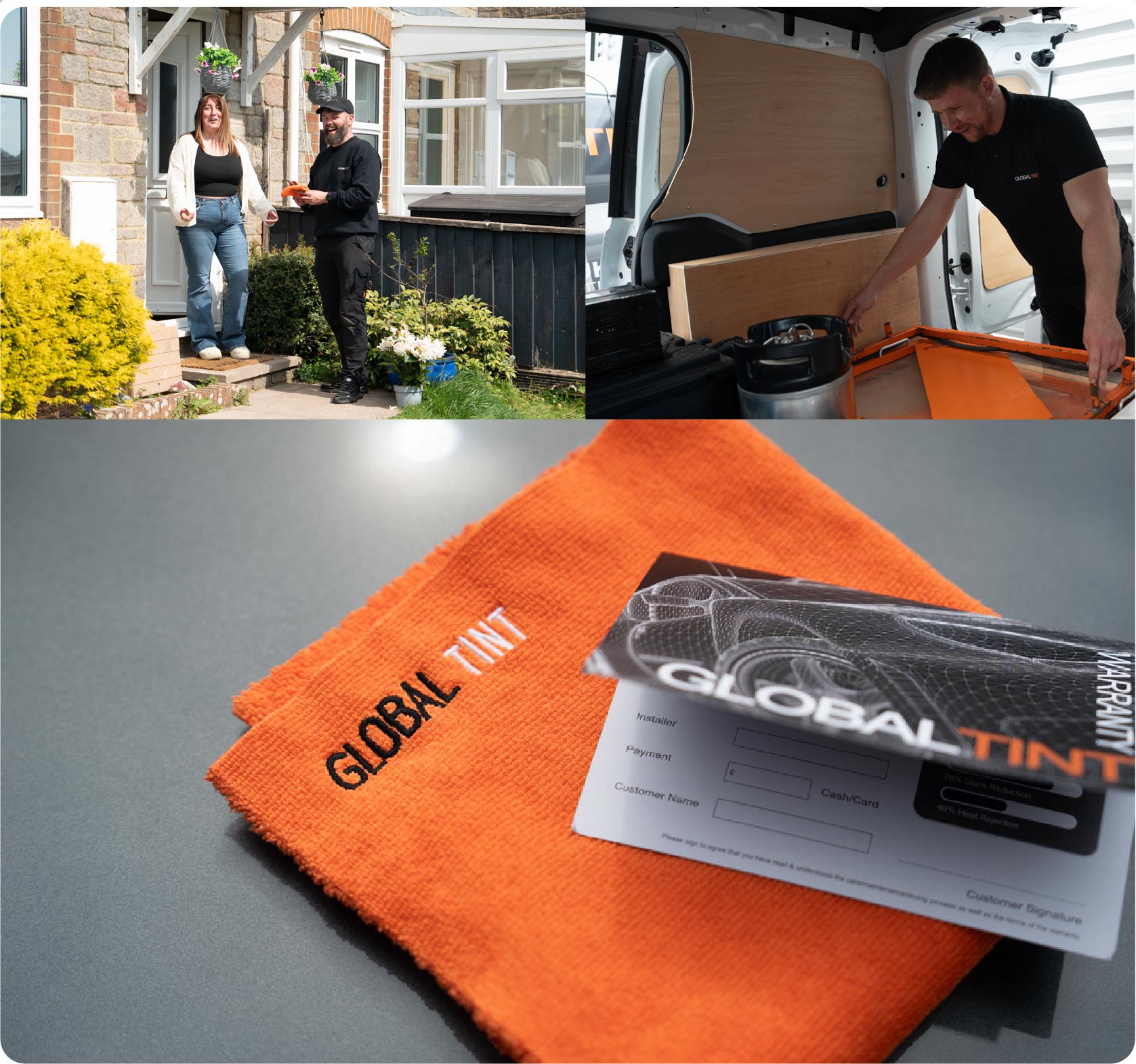 A Global Tint warranty card and cleaning cloth