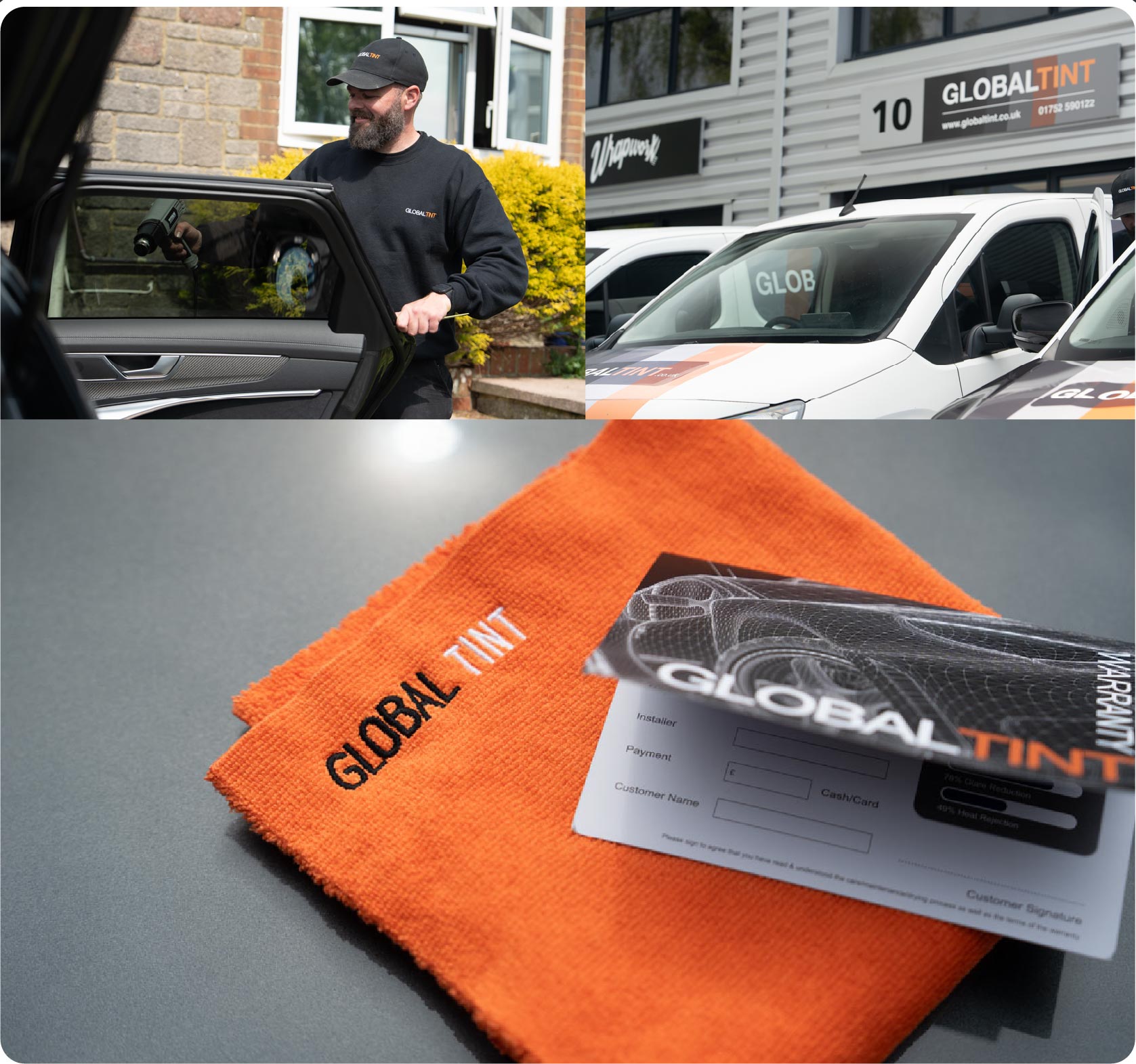 A Global Tint warranty card and cleaning cloth