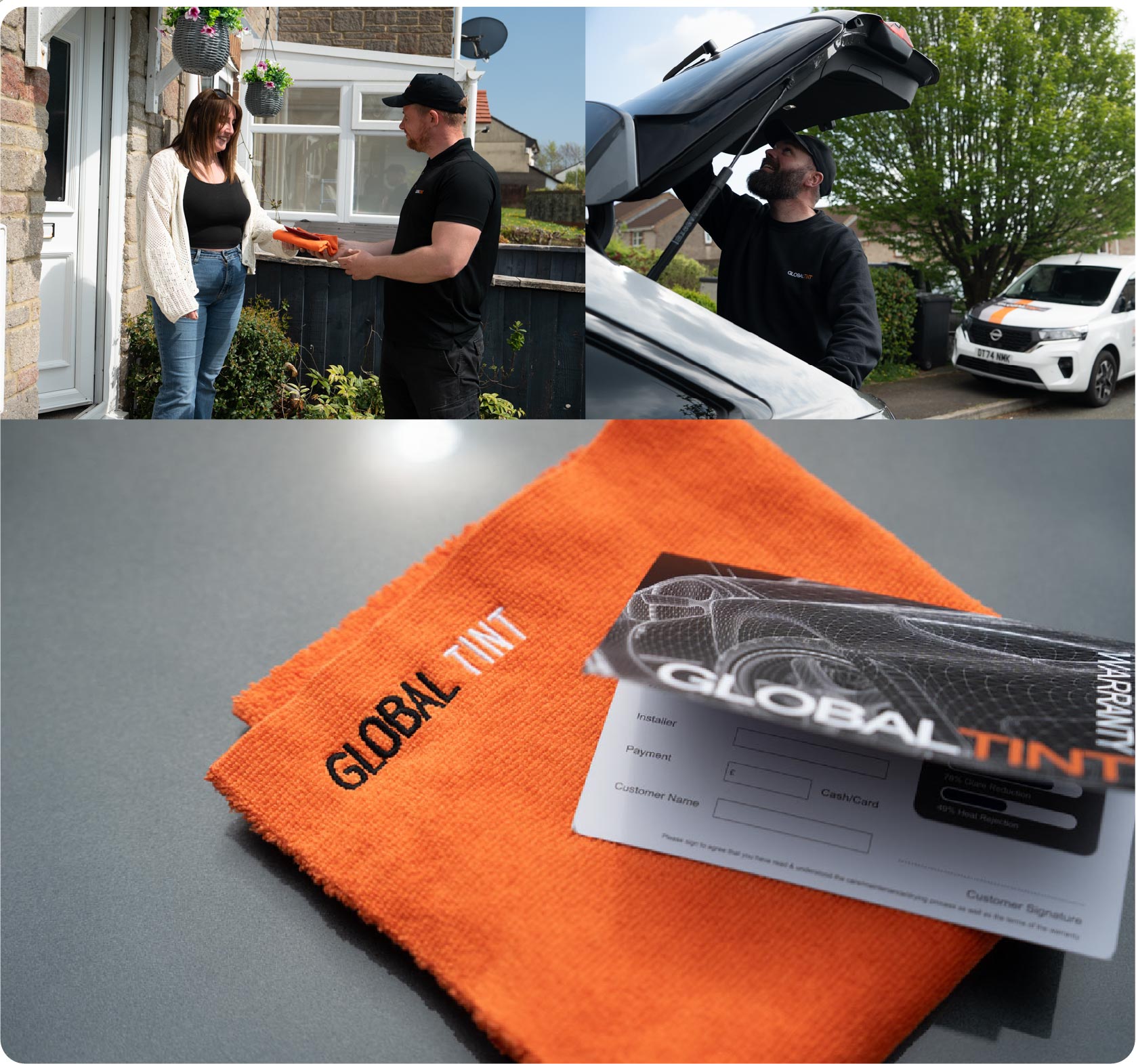A Global Tint warranty card and cleaning cloth