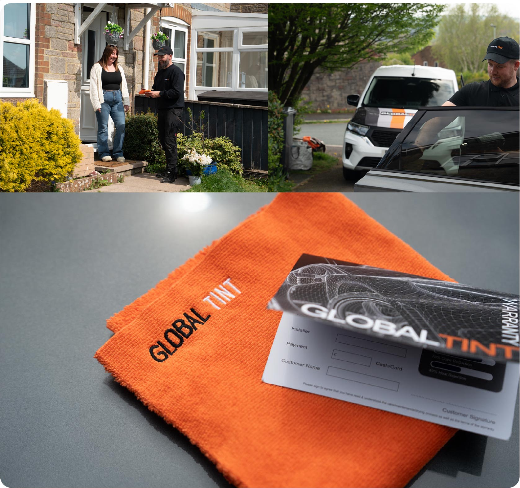 A Global Tint warranty card and cleaning cloth