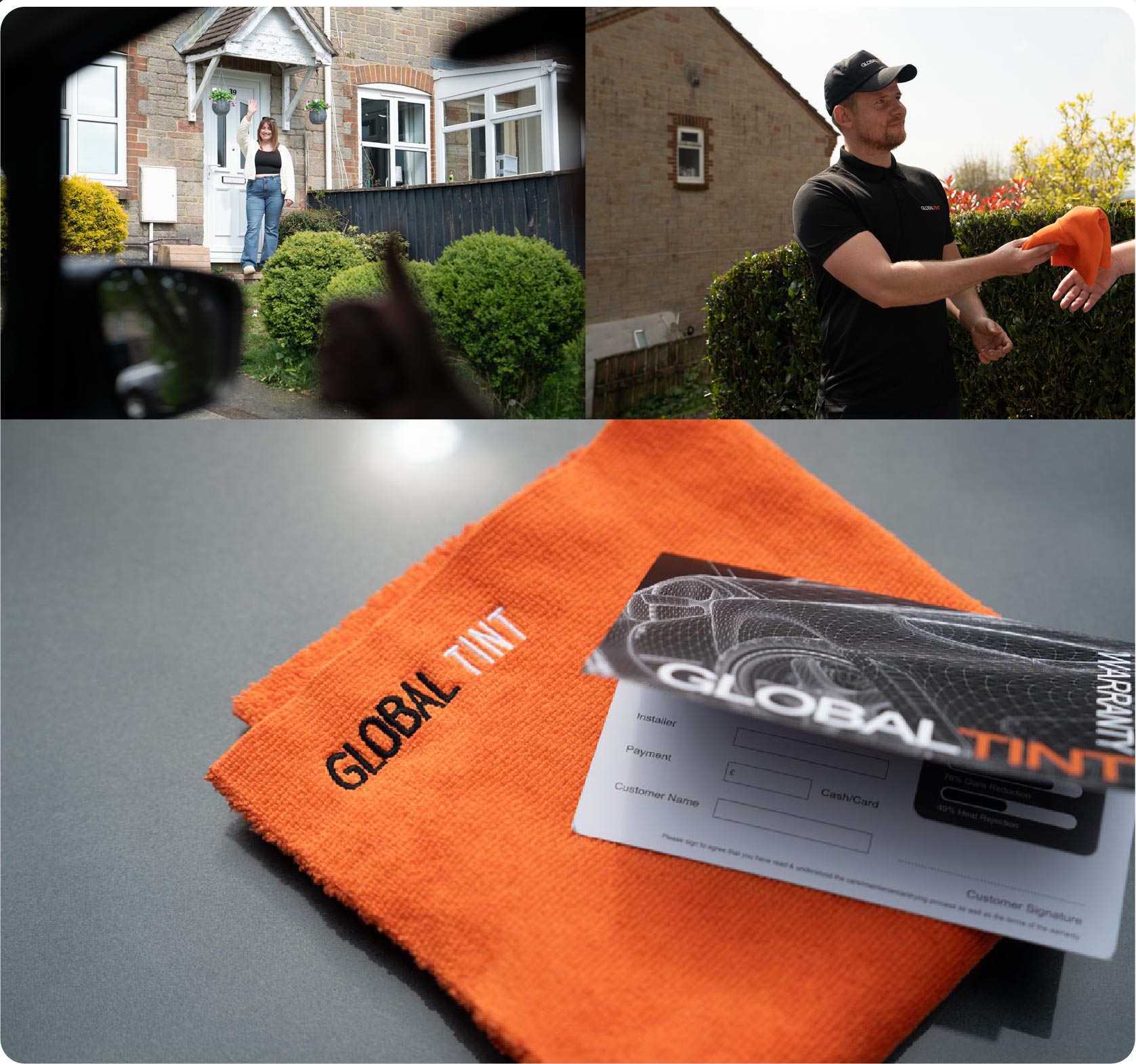 A Global Tint warranty card and cleaning cloth