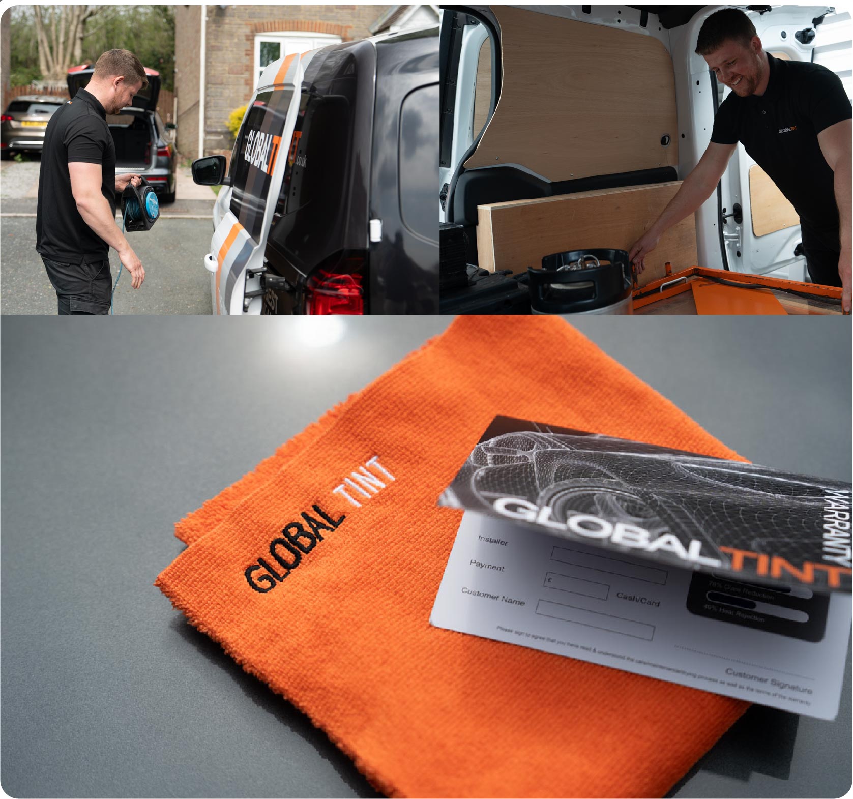 A Global Tint warranty card and cleaning cloth