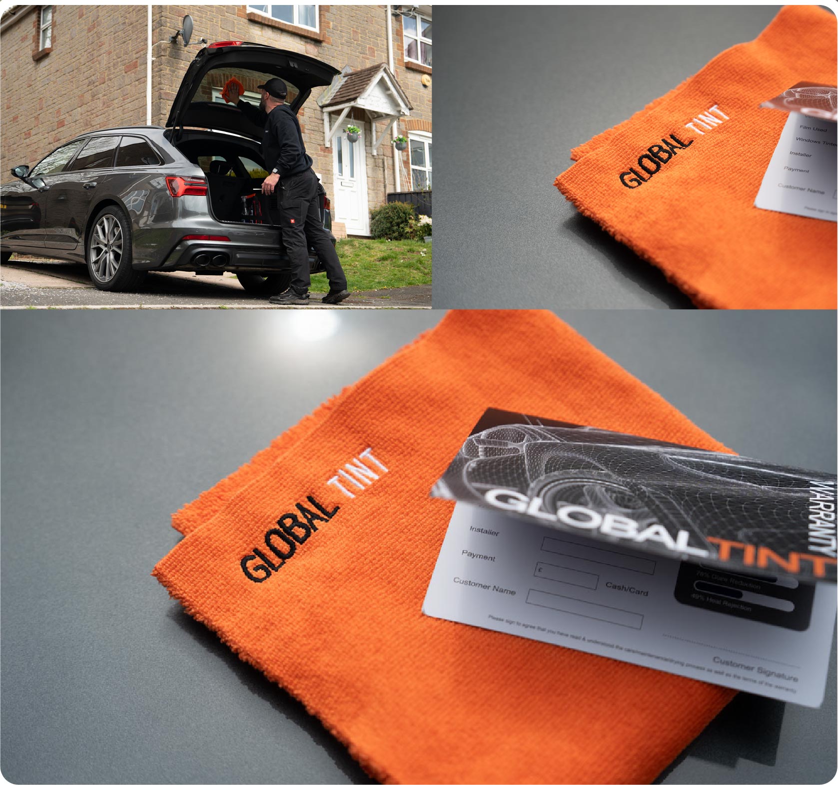 A Global Tint warranty card and cleaning cloth