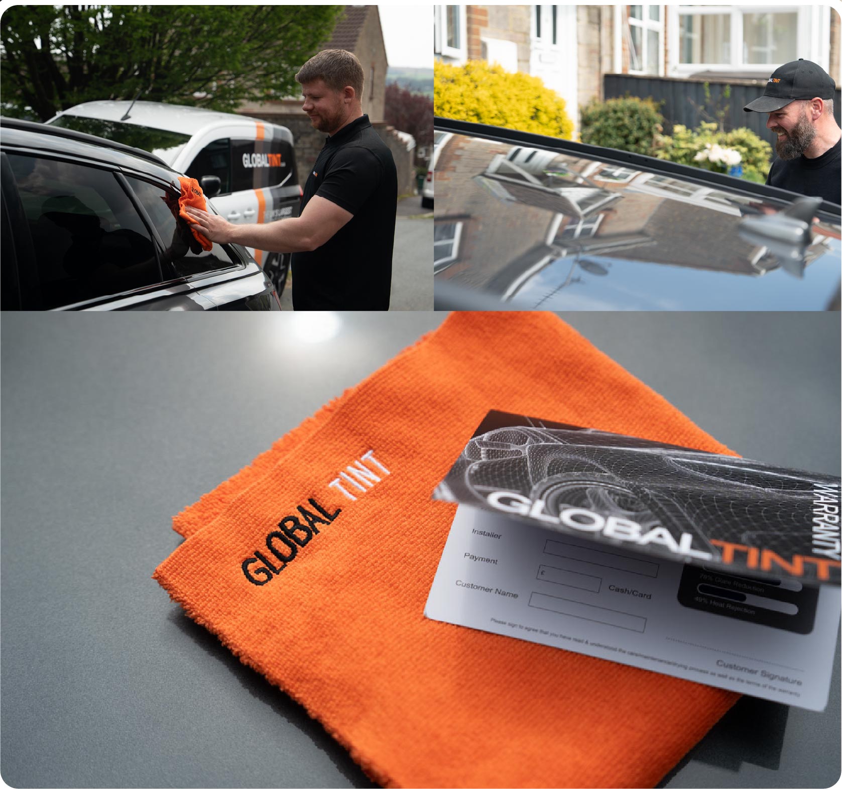 A Global Tint warranty card and cleaning cloth