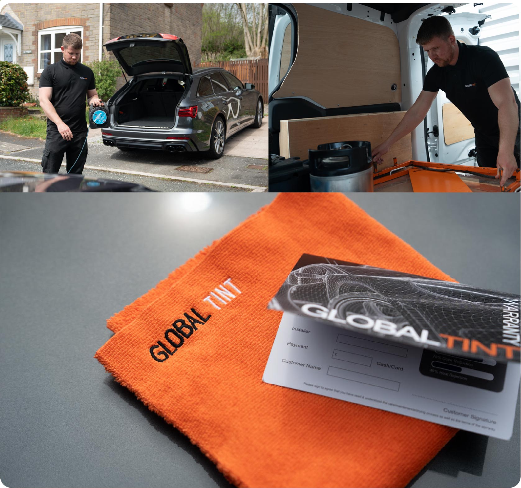 A Global Tint warranty card and cleaning cloth