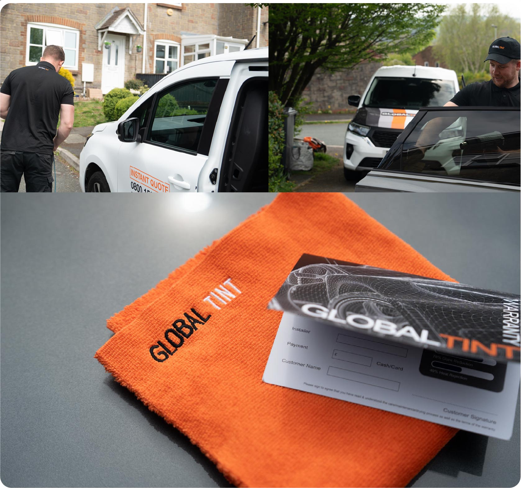 A Global Tint warranty card and cleaning cloth